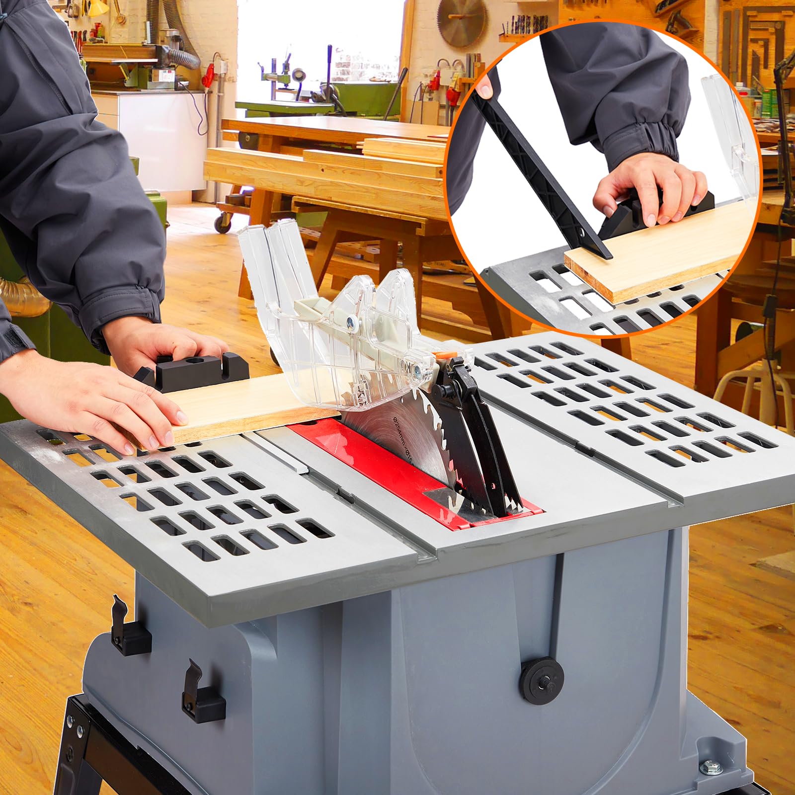 10in Table Saw, 1800W 5000RPM Portable Table Saw with Stand & Safety Switch, Push Stick, 90°Cross Cut & 0-45°Cutting, Multifunctional Table Saw for Woodworking, DIY Working - Image 6