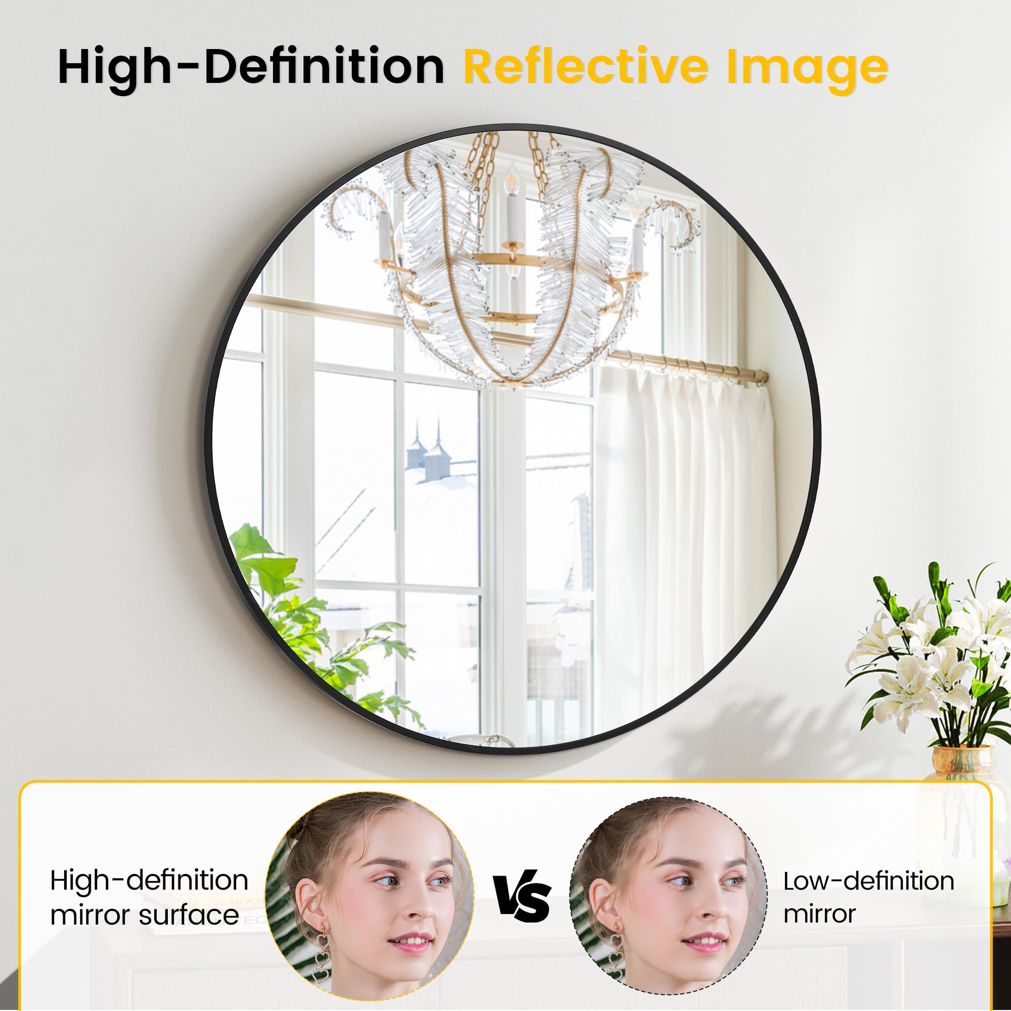 20 inch Round Mirror for Wall, Black Metal Frame Circle Mirror, Round Bathroom Mirror for Wall Decor, Wall Mirror for Entryway, Vanity, Bedroom, Easy to Install - Image 4
