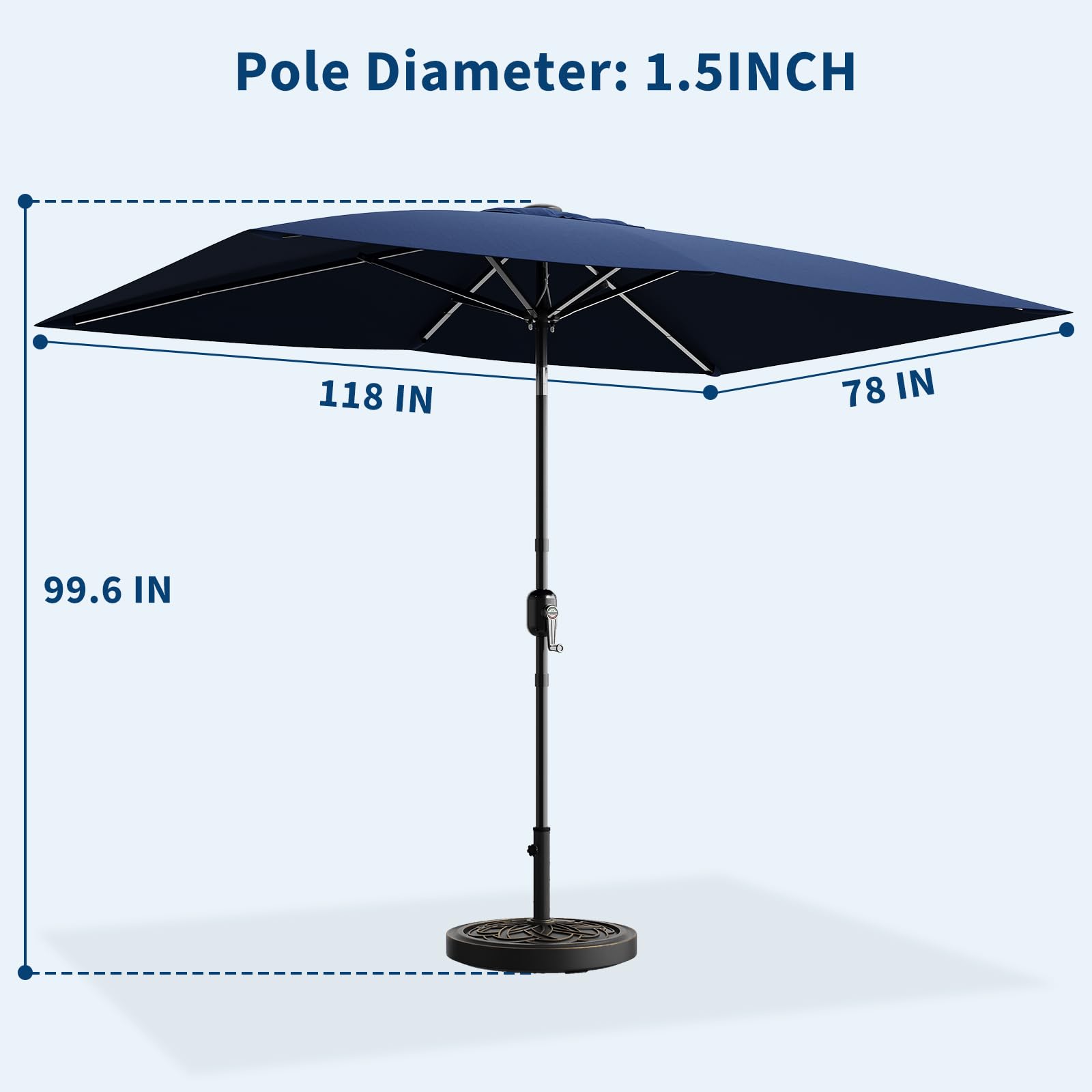 Garvee 10' x 6.5' Rectangular Patio Umbrella, Outdoor Table Umbrella with Crank and Push Button Tilt, Market Umbrella Sun Umbrella with 6 Sturdy Ribs Tilt for Garden, Deck, Lawn, Pool -Navy Blue - Image 3