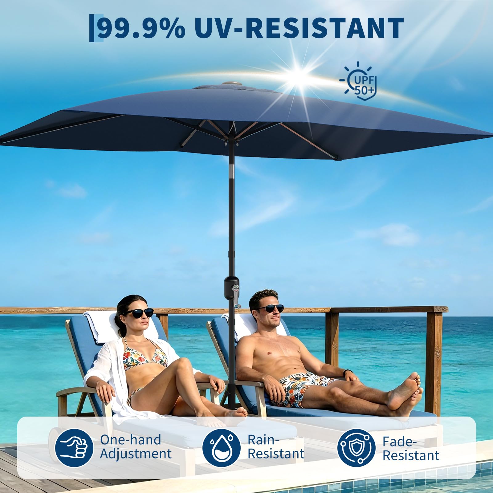 Garvee 10' x 6.5' Rectangular Patio Umbrella, Outdoor Table Umbrella with Crank and Push Button Tilt, Market Umbrella Sun Umbrella with 6 Sturdy Ribs Tilt for Garden, Deck, Lawn, Pool -Navy Blue - Image 4