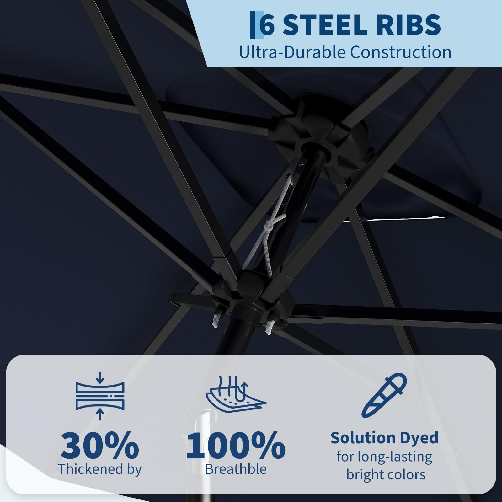 Garvee 10' x 6.5' Rectangular Patio Umbrella, Outdoor Table Umbrella with Crank and Push Button Tilt, Market Umbrella Sun Umbrella with 6 Sturdy Ribs Tilt for Garden, Deck, Lawn, Pool -Navy Blue - Image 5