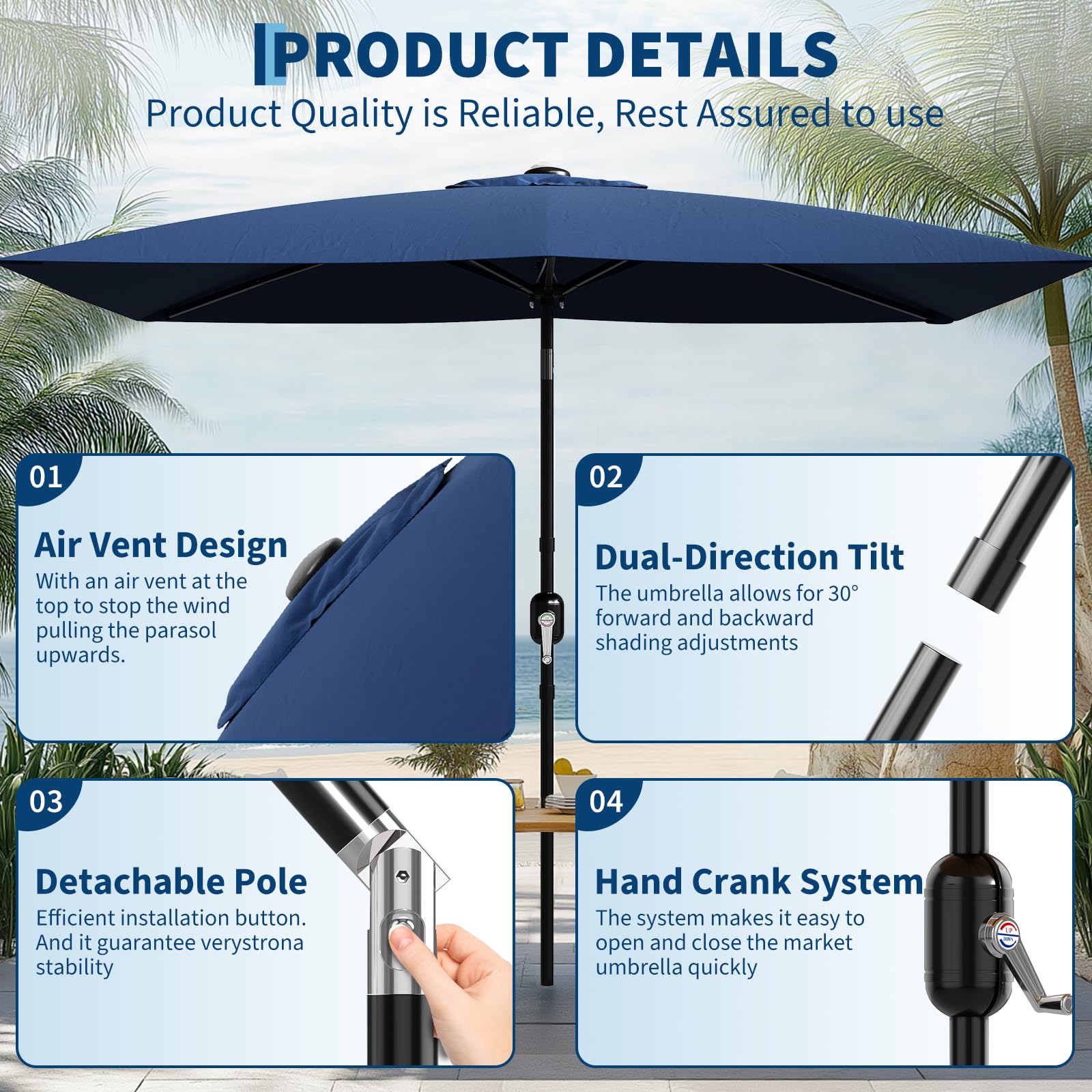 Garvee 10' x 6.5' Rectangular Patio Umbrella, Outdoor Table Umbrella with Crank and Push Button Tilt, Market Umbrella Sun Umbrella with 6 Sturdy Ribs Tilt for Garden, Deck, Lawn, Pool -Navy Blue - Image 6