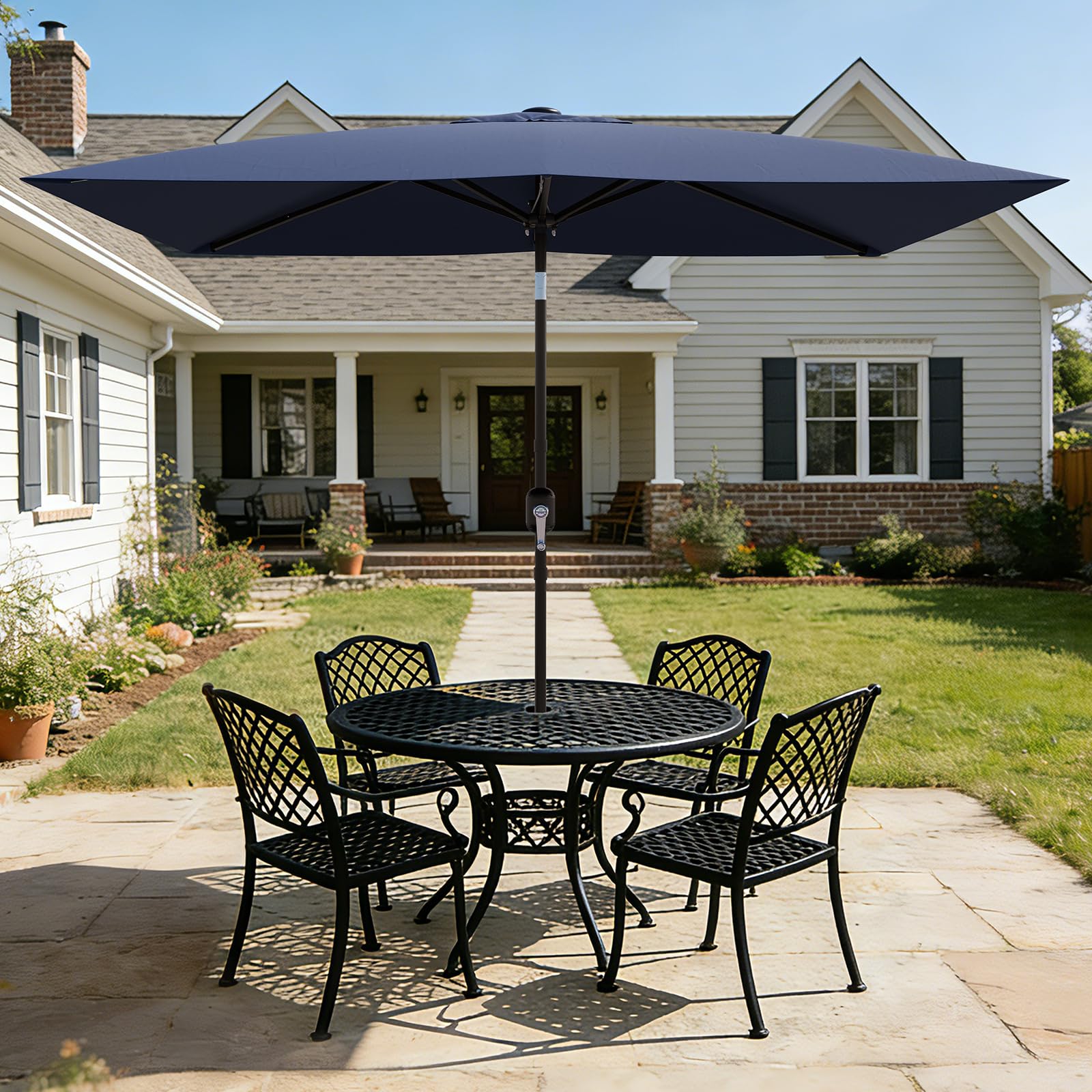 Garvee 10' x 6.5' Rectangular Patio Umbrella, Outdoor Table Umbrella with Crank and Push Button Tilt, Market Umbrella Sun Umbrella with 6 Sturdy Ribs Tilt for Garden, Deck, Lawn, Pool -Navy Blue - Image 7
