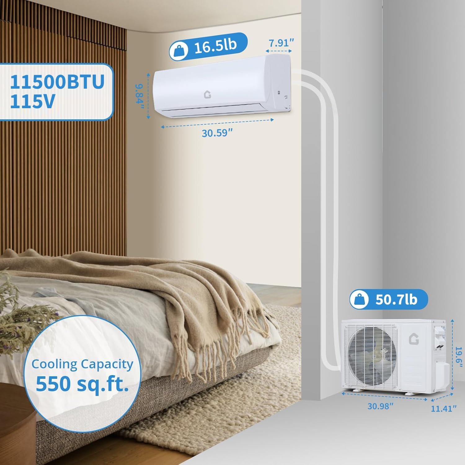 Garvee 11500 BTU Mini Split AC/Heating System, 115V WIFI Enabled Energy Efficient Mini Split Unit,Wall-Mounted Split Air Conditioner,Cools Up to 750 Sq.Ft, Heat Pump & Installation Kits - Image 7
