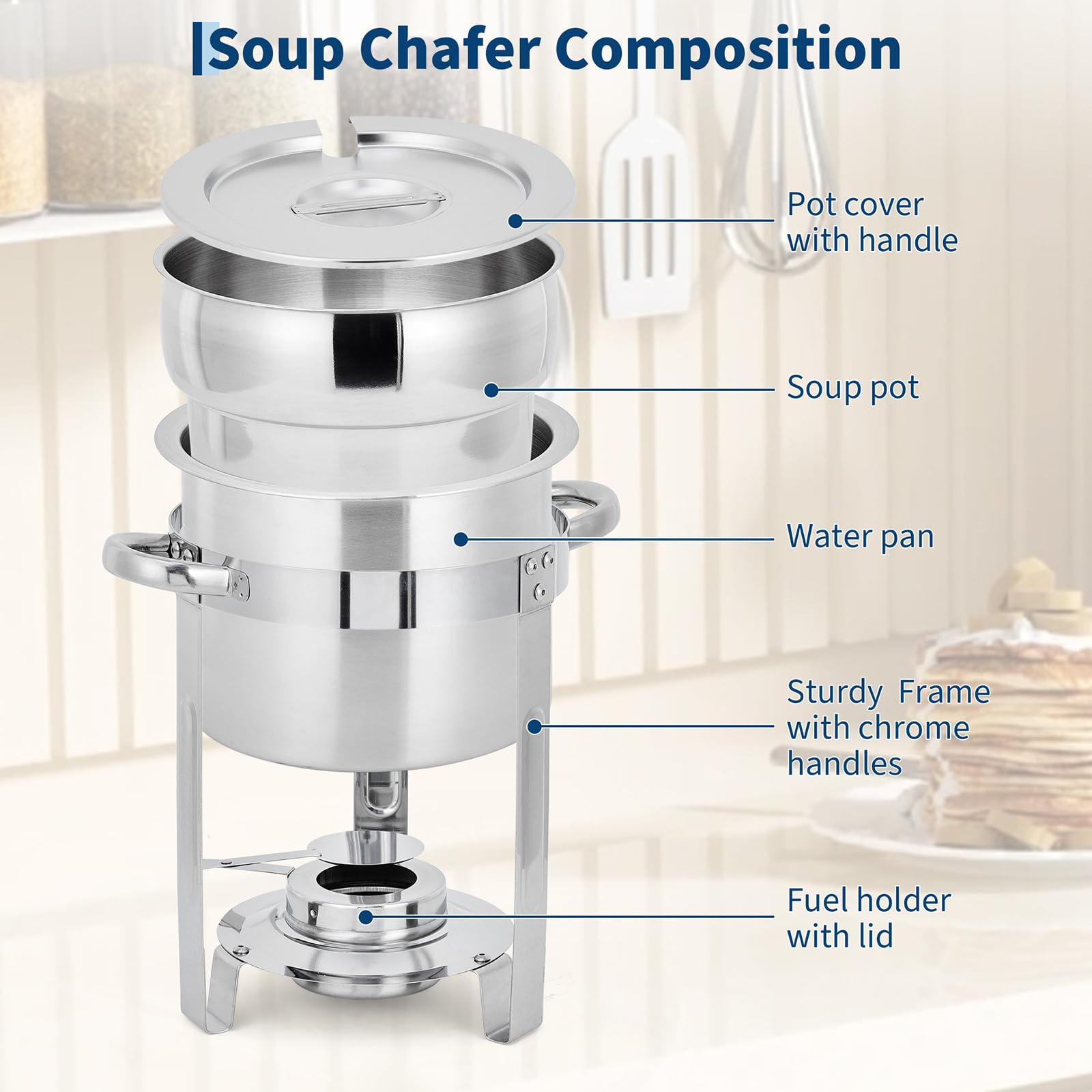 Garvee 11QT Commercial-Grade Soup Chafer Set of 4, Stainless Steel Round Food Warmers with Pots, Notched Lids & Fuel Holders, Commercial Buffet Equipment for Large Banquet Service & Buffet Catering - Image 3