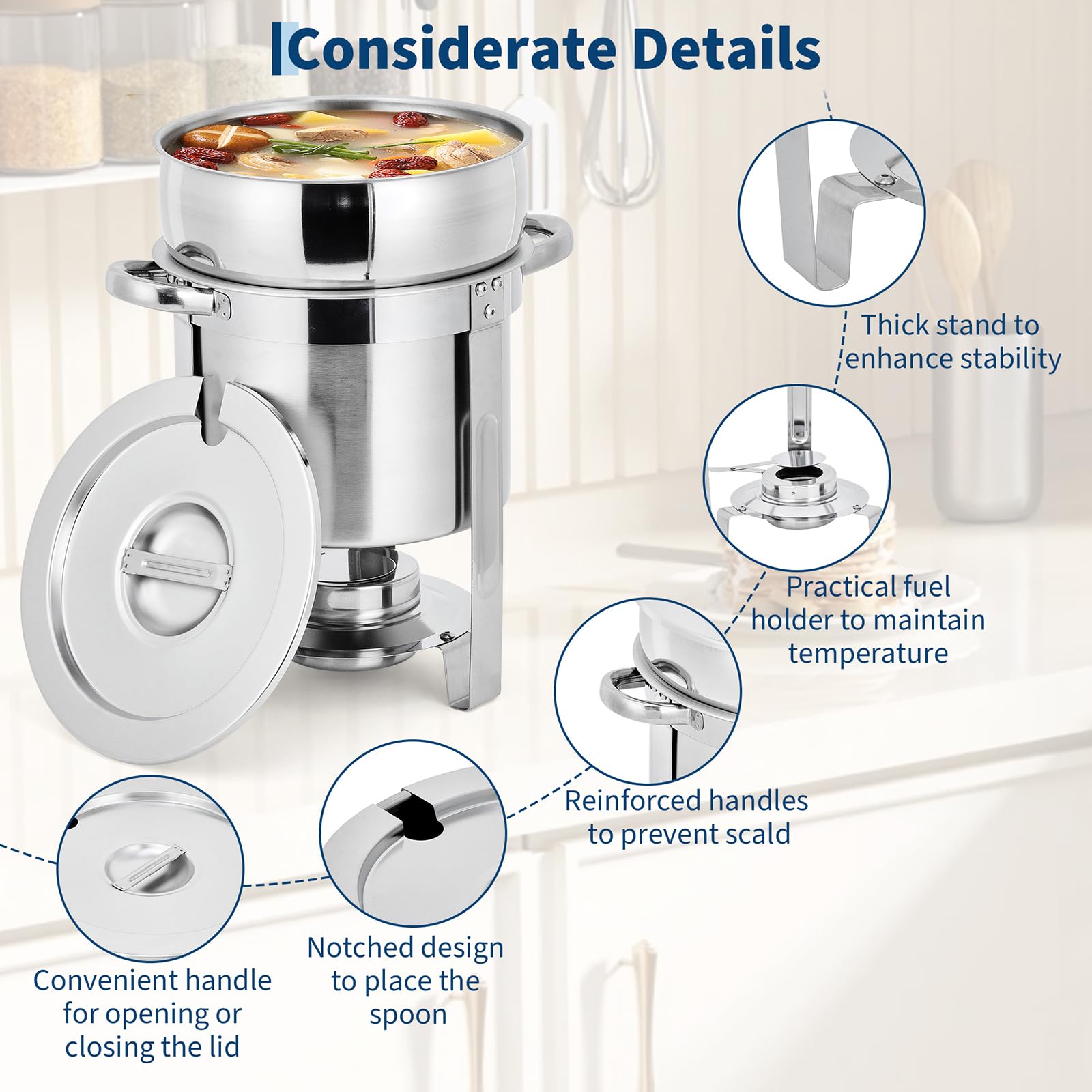 Garvee 11QT Commercial-Grade Soup Chafer Set of 4, Stainless Steel Round Food Warmers with Pots, Notched Lids & Fuel Holders, Commercial Buffet Equipment for Large Banquet Service & Buffet Catering - Image 4