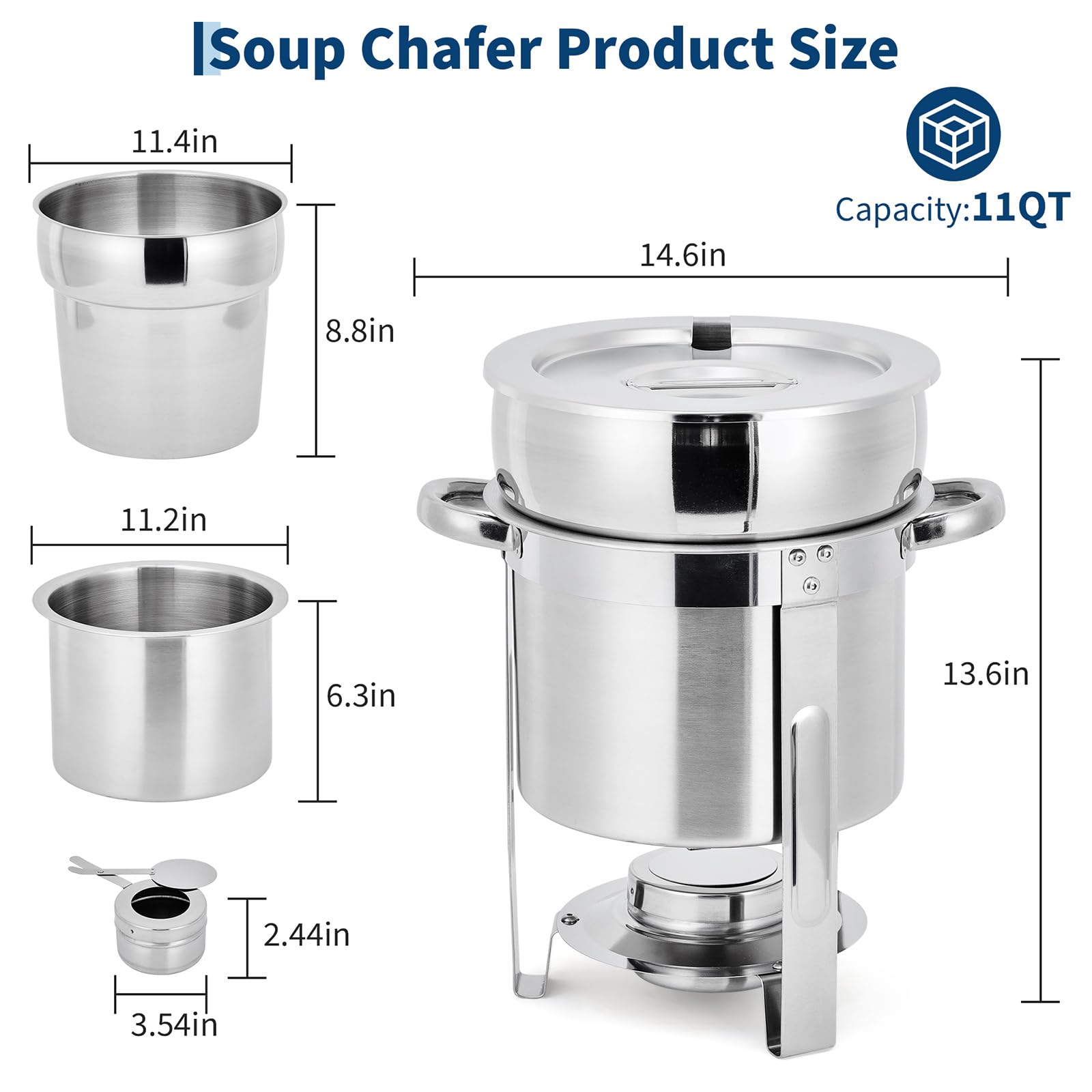Garvee 11QT Commercial-Grade Soup Chafer Set of 4, Stainless Steel Round Food Warmers with Pots, Notched Lids & Fuel Holders, Commercial Buffet Equipment for Large Banquet Service & Buffet Catering - Image 5