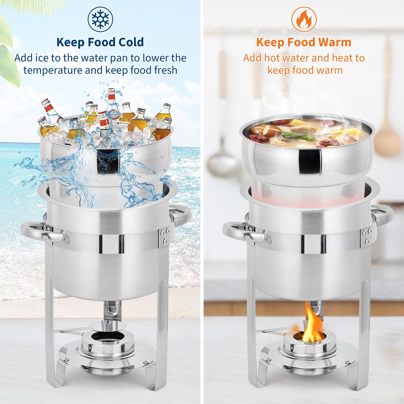 Garvee 11QT Commercial-Grade Soup Chafer Set of 4, Stainless Steel Round Food Warmers with Pots, Notched Lids & Fuel Holders, Commercial Buffet Equipment for Large Banquet Service & Buffet Catering - Image 6