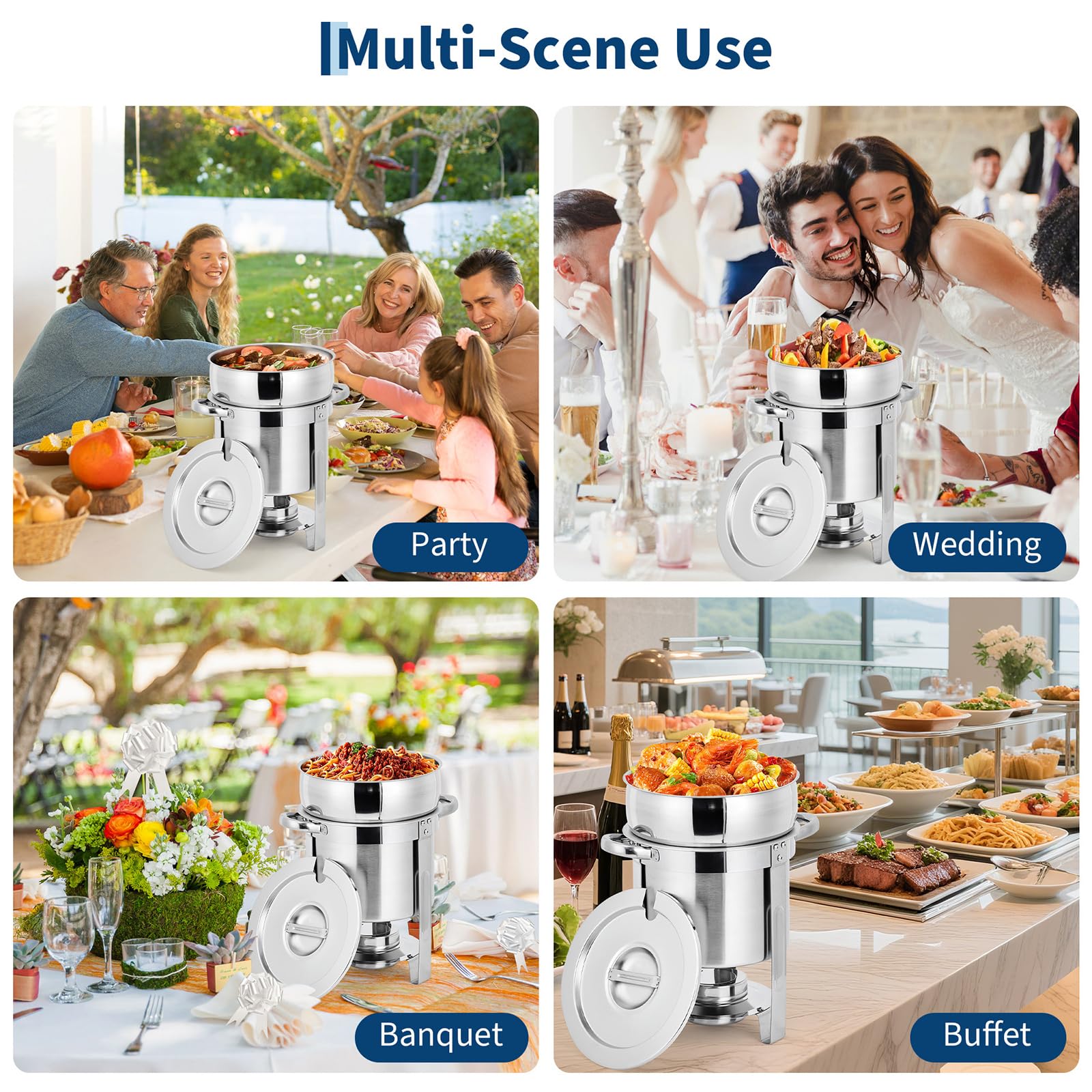 Garvee 11QT Commercial-Grade Soup Chafer Set of 4, Stainless Steel Round Food Warmers with Pots, Notched Lids & Fuel Holders, Commercial Buffet Equipment for Large Banquet Service & Buffet Catering - Image 7