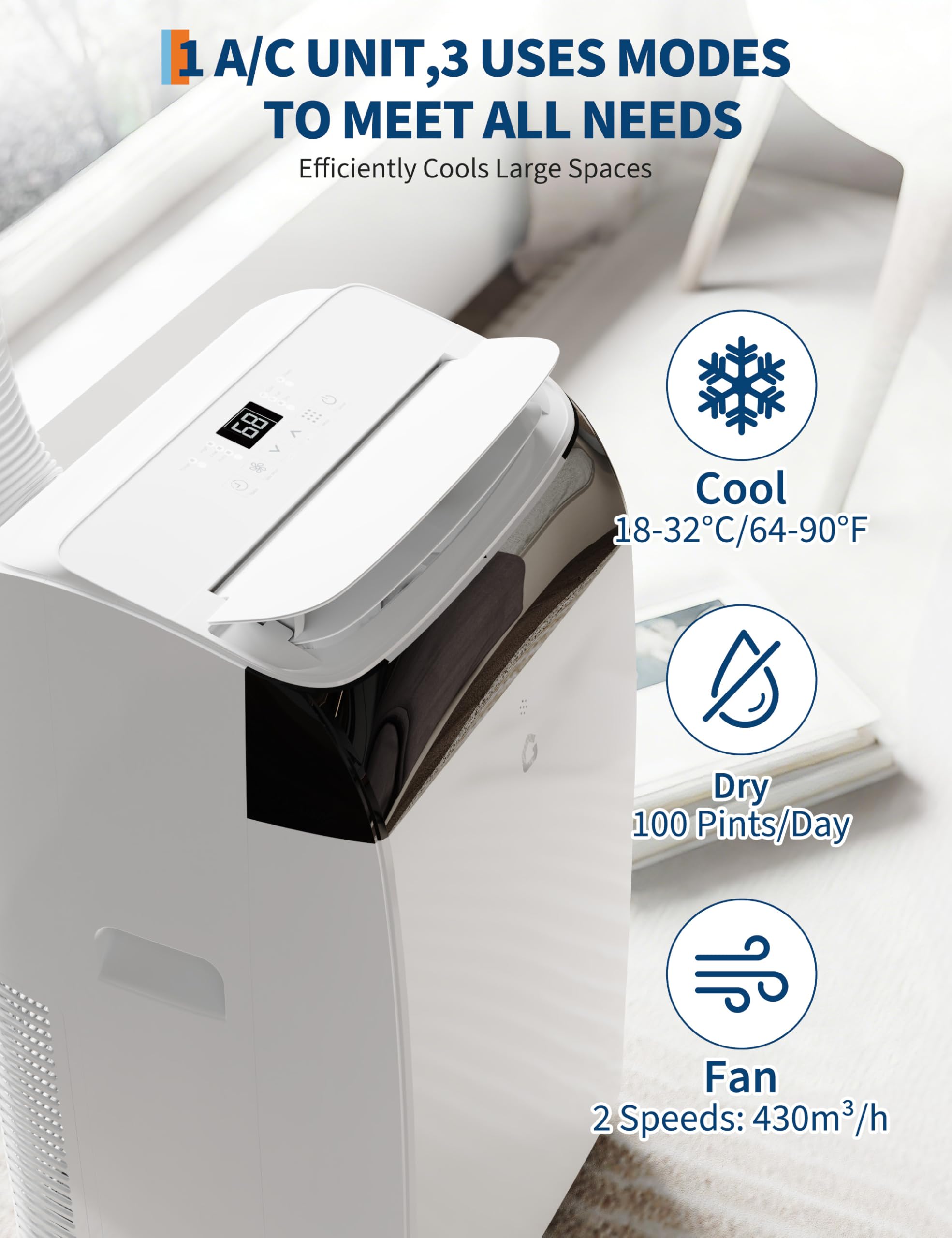 Garvee 14000 BTU Portable Air Conditioner with Follow Me Function, 3-in-1 AC Includes Remote & Full Window Kit, Cools Areas Up to 750 Sq. Ft, 115V - Image 3