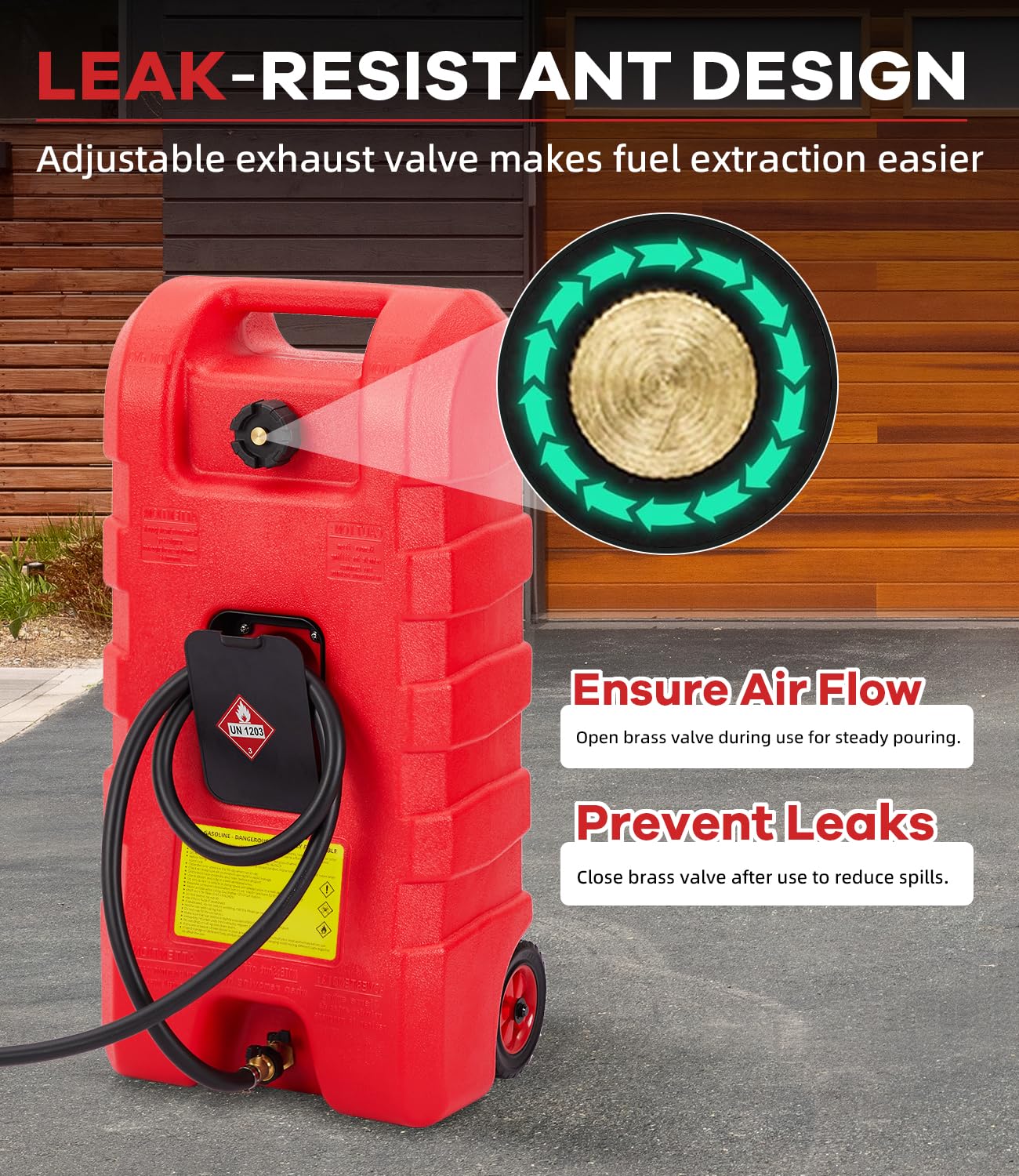 Garvee 15 gal Gas Can, Heavy-Duty Gas Tank and Fuel Caddy with Manual Fuel Transfer Pump, Portable Fuel Tank on Wheels with 10 ft Hose for Lawn Mowers, Cars, Boats, ATVs, Home and Farm Use, Red - Image 3