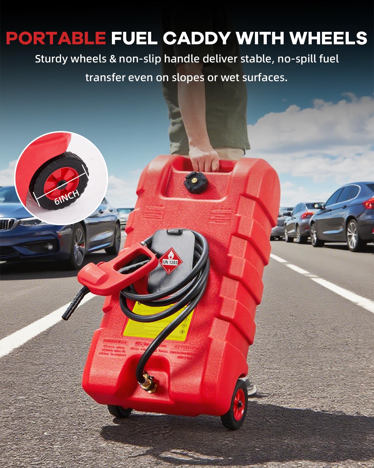 Garvee 15 gal Gas Can, Heavy-Duty Gas Tank and Fuel Caddy with Manual Fuel Transfer Pump, Portable Fuel Tank on Wheels with 10 ft Hose for Lawn Mowers, Cars, Boats, ATVs, Home and Farm Use, Red - Image 4