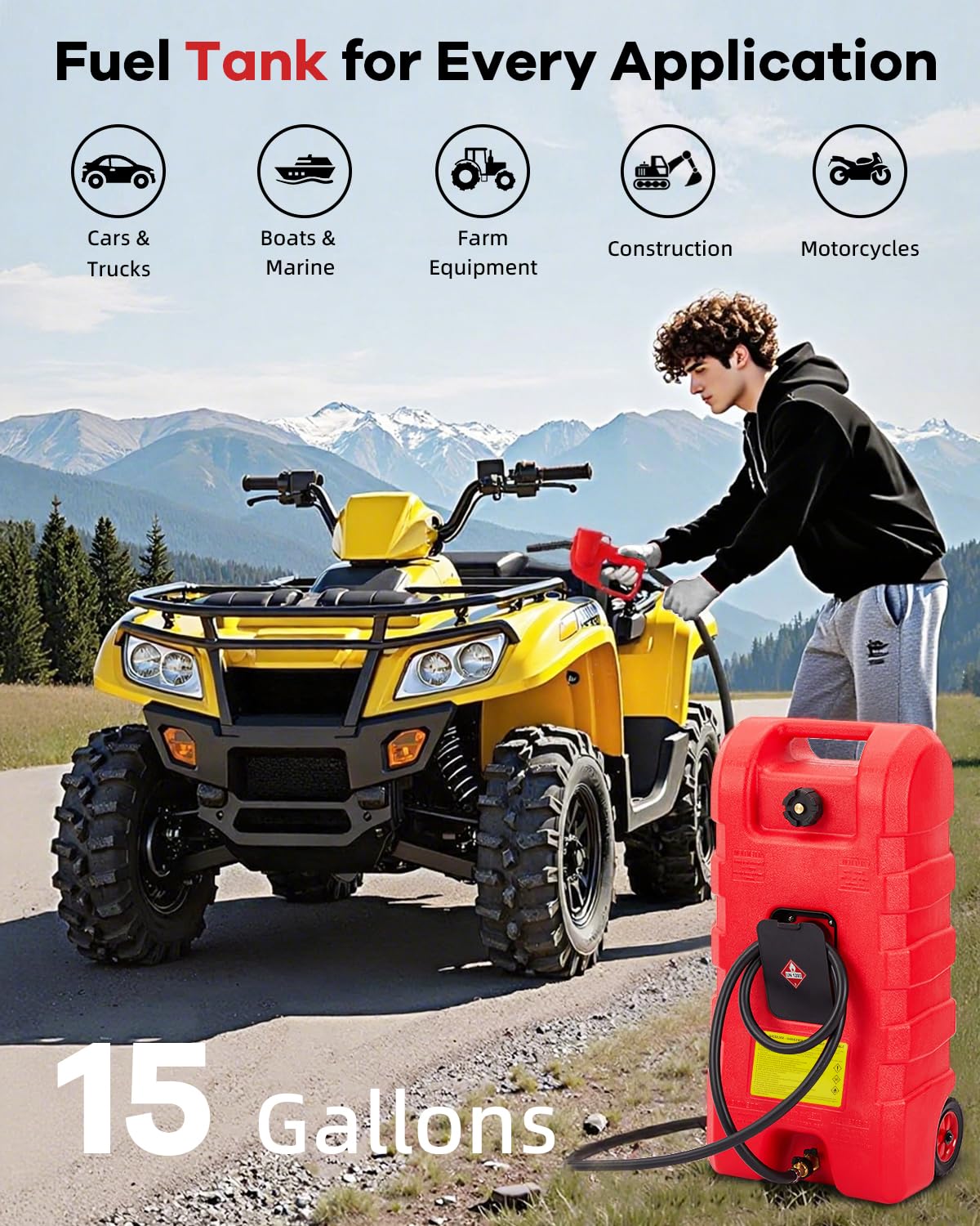 Garvee 15 gal Gas Can, Heavy-Duty Gas Tank and Fuel Caddy with Manual Fuel Transfer Pump, Portable Fuel Tank on Wheels with 10 ft Hose for Lawn Mowers, Cars, Boats, ATVs, Home and Farm Use, Red - Image 5