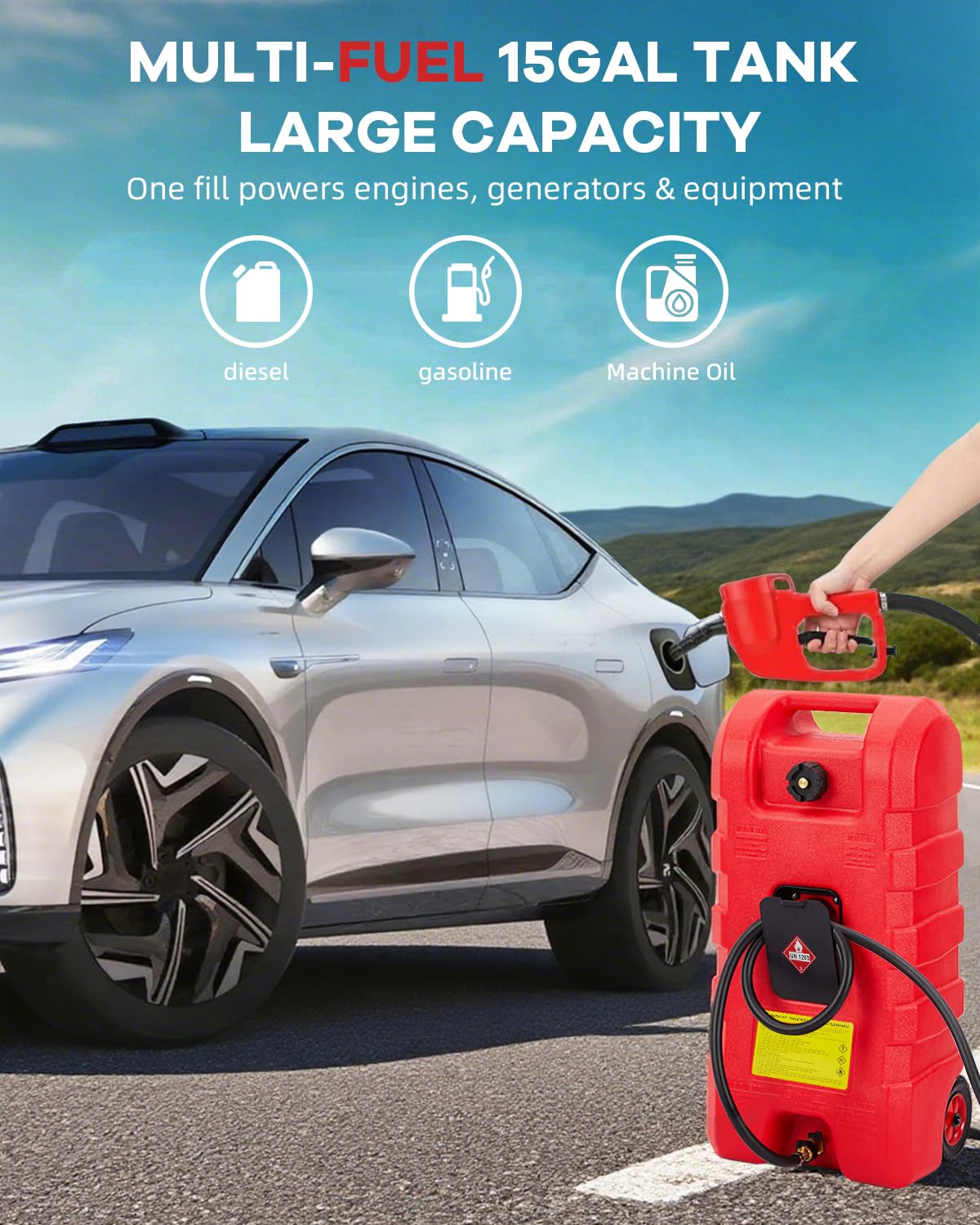 Garvee 15 gal Gas Can, Heavy-Duty Gas Tank and Fuel Caddy with Manual Fuel Transfer Pump, Portable Fuel Tank on Wheels with 10 ft Hose for Lawn Mowers, Cars, Boats, ATVs, Home and Farm Use, Red - Image 6