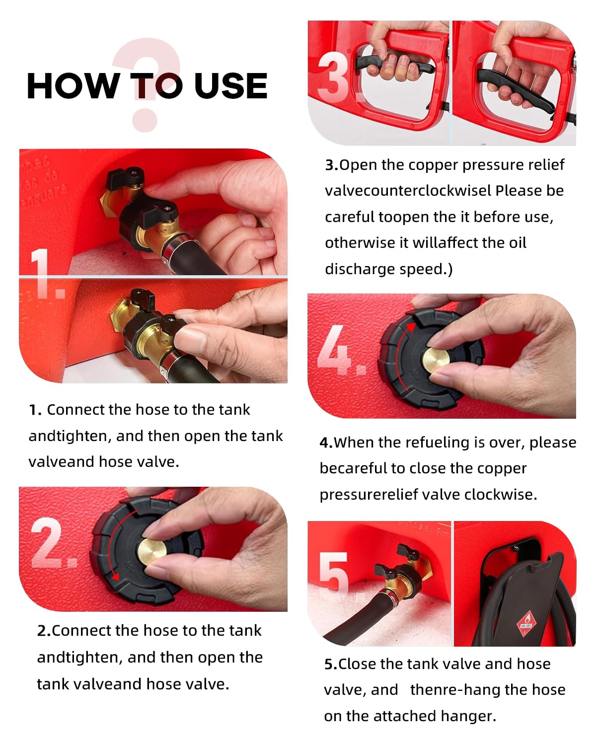 Garvee 15 gal Gas Can, Heavy-Duty Gas Tank and Fuel Caddy with Manual Fuel Transfer Pump, Portable Fuel Tank on Wheels with 10 ft Hose for Lawn Mowers, Cars, Boats, ATVs, Home and Farm Use, Red - Image 7