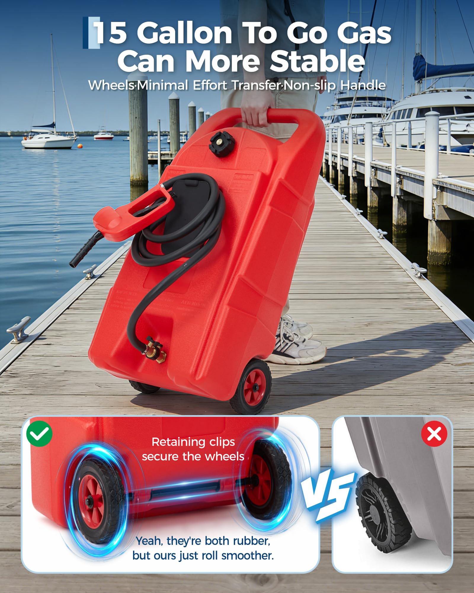 Garvee 15 Gallon Gas Can, Fuel Tank Container with LE Fluid Transfer Manual 10 FT Siphon Pump, Portable Diesel Gas Storage Caddy w/Wheels for Car, ATV, Weeder, Boat, Tractor, Snow Blower,Generator - Image 3
