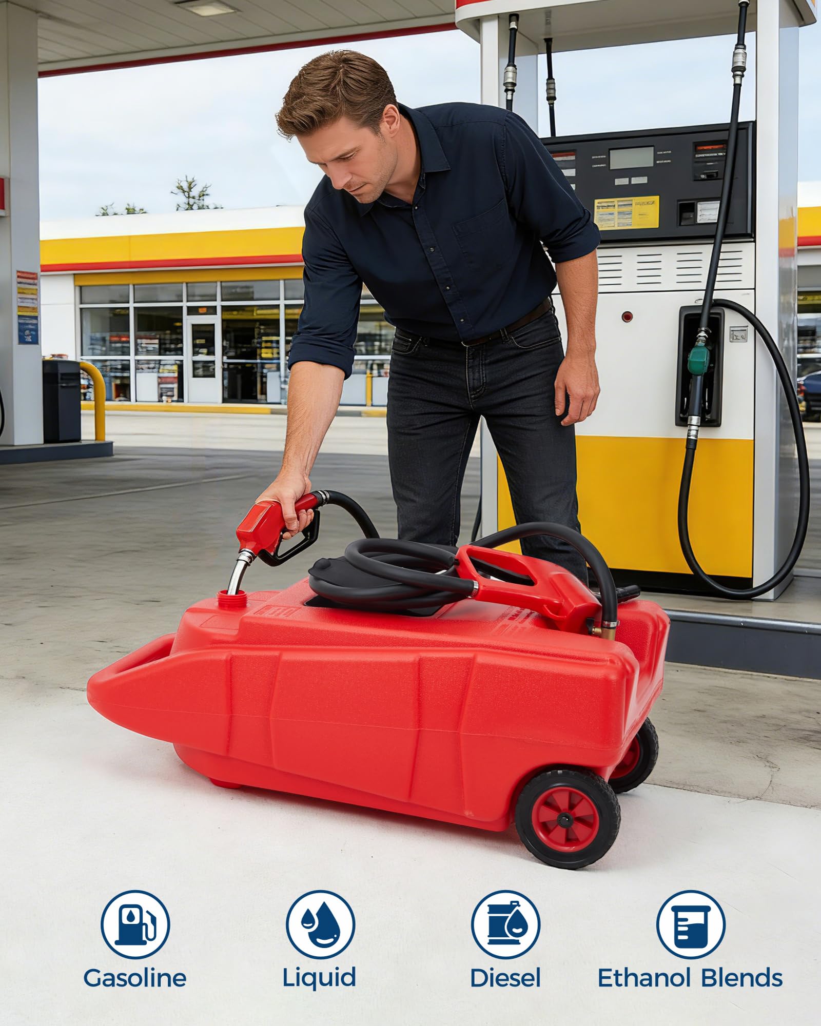 Garvee 15 Gallon Gas Can, Fuel Tank Container with LE Fluid Transfer Manual 10 FT Siphon Pump, Portable Diesel Gas Storage Caddy w/Wheels for Car, ATV, Weeder, Boat, Tractor, Snow Blower,Generator - Image 6