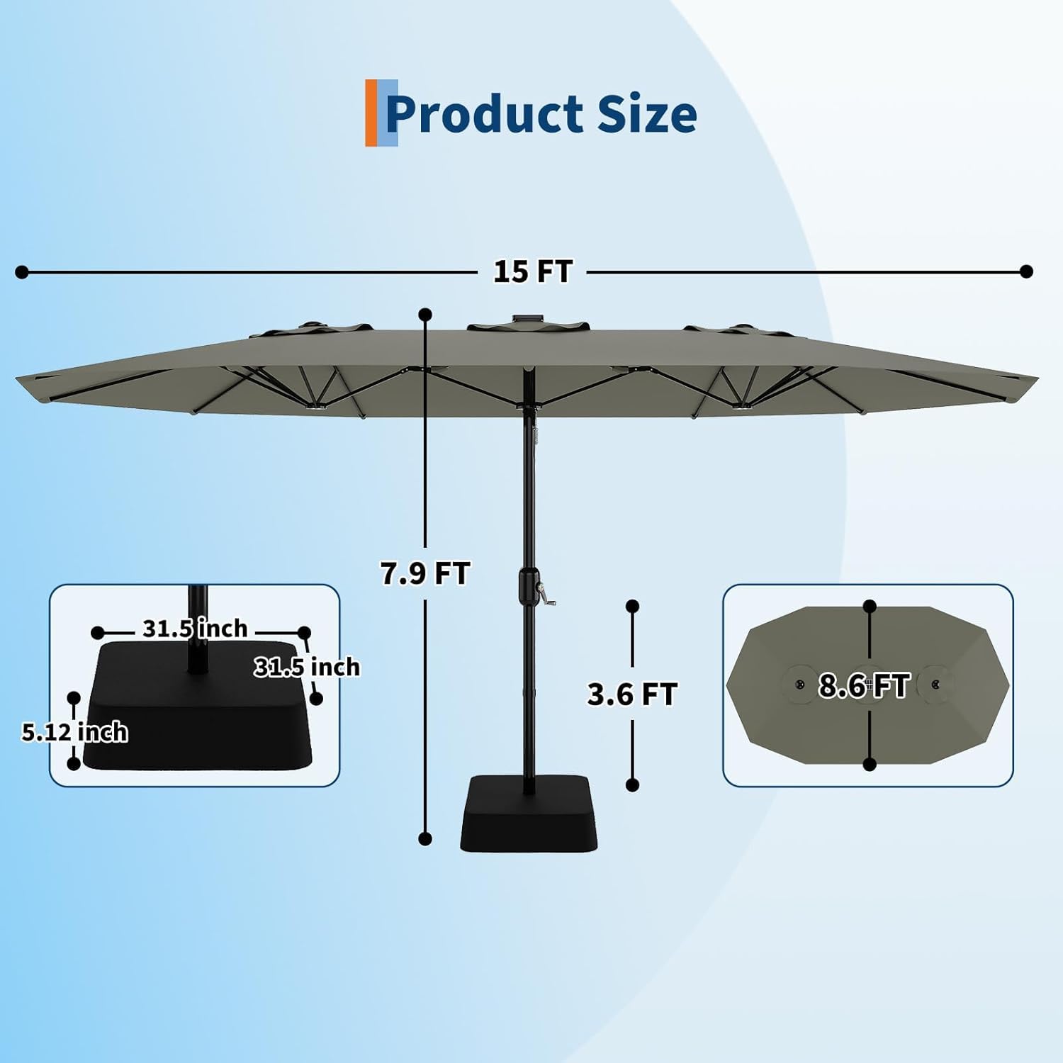 Garvee 15FT Rectangular Outdoor Umbrella Patio Umbrella with Base Included Large Market Umbrellas with Crank Handle UV Protection Table Umbrellas for Outdoor, Backyard, Deck, Poolside, Grey - Image 4