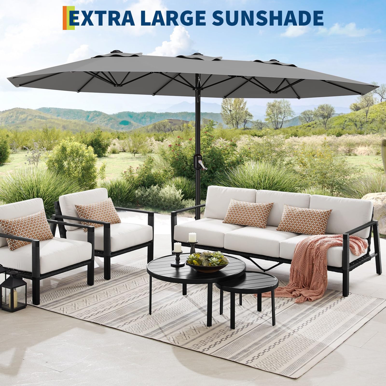 Garvee 15FT Rectangular Outdoor Umbrella Patio Umbrella with Base Included Large Market Umbrellas with Crank Handle UV Protection Table Umbrellas for Outdoor, Backyard, Deck, Poolside, Grey - Image 7