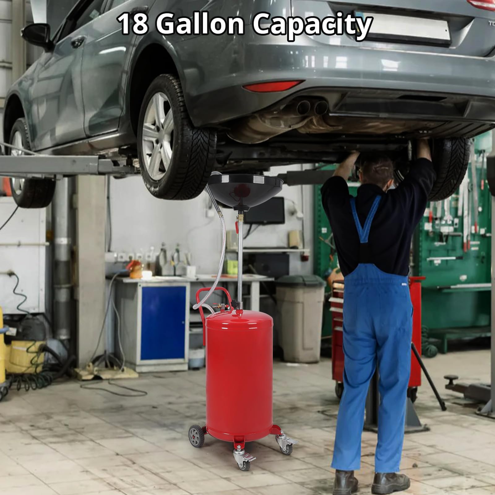 Garvee 18 Gallon Portable Waste Oil Drainer, Height Adjustable Pneumatic Industrial Fluid Drain Tank with Wheels, Oil Pan Funnel for Changing Car and Truck Oil - Image 4