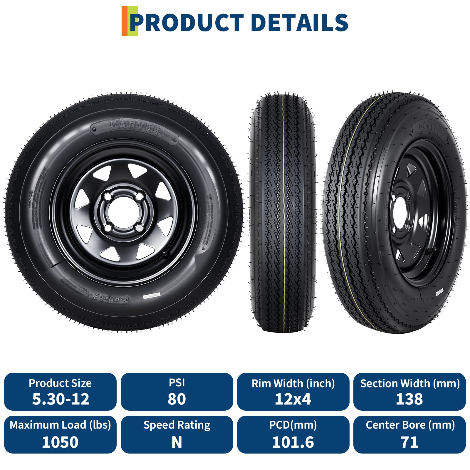 Garvee 2-Pack 5.30-12 5.30x12 530-12 Trailer Tires with 12" Rims, 4 Lug on 4" Bolt Pattern, 6PR Load Range C, Heavy Duty 5.30x12 5.3-12 Tires for Utility, Boat, Camper, Cargo Trailers - Image 3