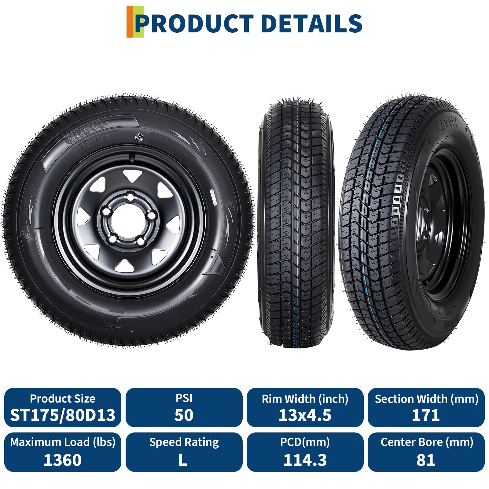 Garvee 2-Pack ST175/80D13 Trailer Tires with Rims, 5 Lug on 4.5" Bolt Pattern, 6PR Load Range C, Black 13" Spoke Wheel, Heavy Duty 175 80 13 Trailer Tires Rims for Utility, Boat, Camper, Cargo Trailer - Image 3