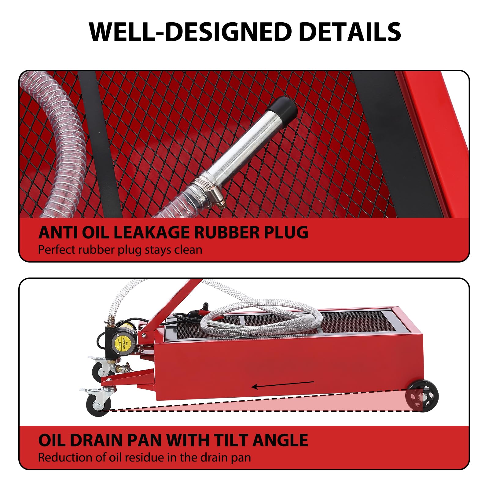 Garvee 20 Gallon Oil Drain Pan Oil Drain Tank with 12V Electric Pump, 76L Low Profile Oil Drain Pan, Oil Change Pan with T Foldable Hand and Wheels, 8FT Hose Oil Drain Cart for Car, SUV, Trucks - Image 3