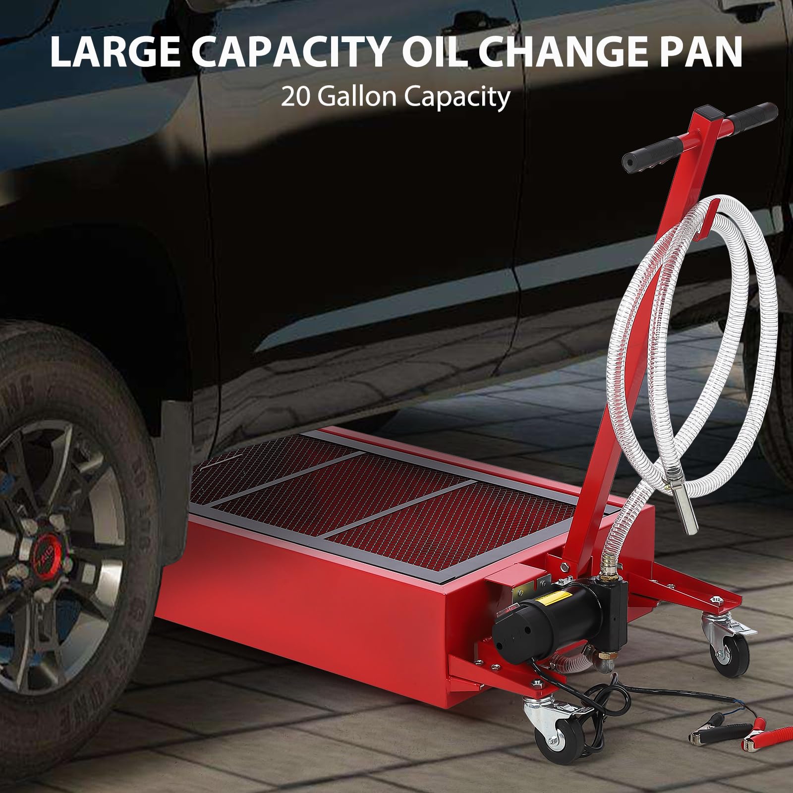 Garvee 20 Gallon Oil Drain Pan Oil Drain Tank with 12V Electric Pump, 76L Low Profile Oil Drain Pan, Oil Change Pan with T Foldable Hand and Wheels, 8FT Hose Oil Drain Cart for Car, SUV, Trucks - Image 4