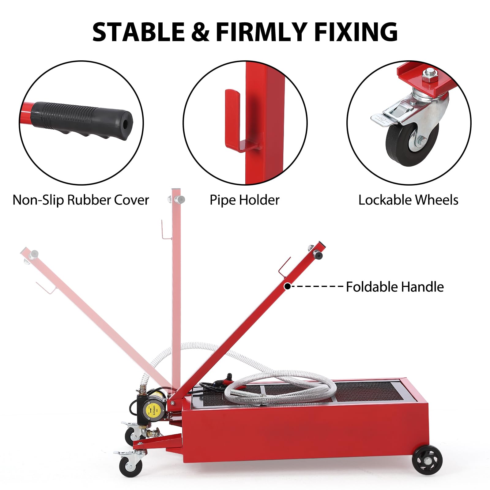 Garvee 20 Gallon Oil Drain Pan Oil Drain Tank with 12V Electric Pump, 76L Low Profile Oil Drain Pan, Oil Change Pan with T Foldable Hand and Wheels, 8FT Hose Oil Drain Cart for Car, SUV, Trucks - Image 6