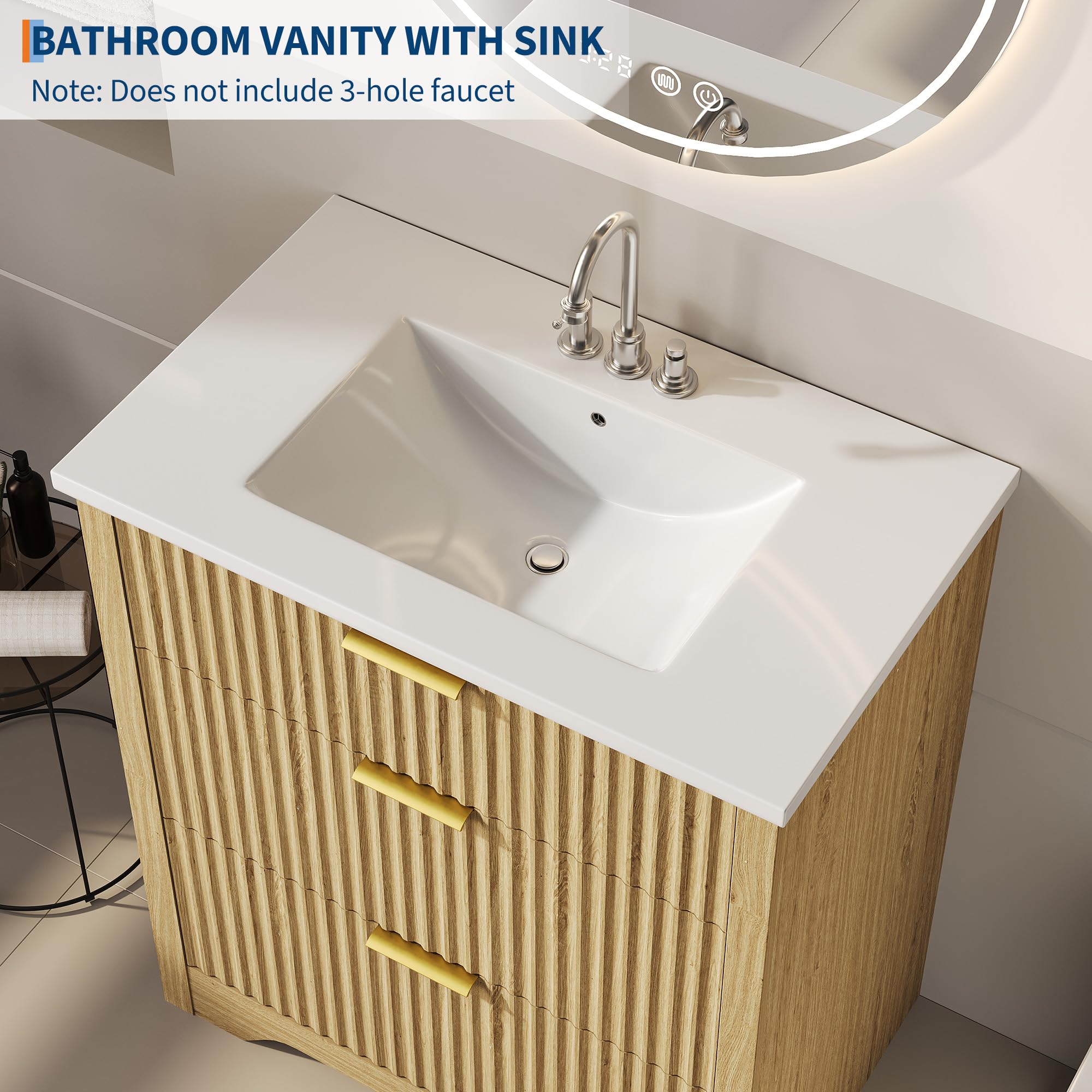 Garvee 24" Fluted Bathroom Vanity with Sink, Farmhouse Freestanding Bathroom Sink Cabinet with 2 Drawers & 1 Flip-Down Drawer, Easy Assembly & Cleaning, Natural Oak - Image 3