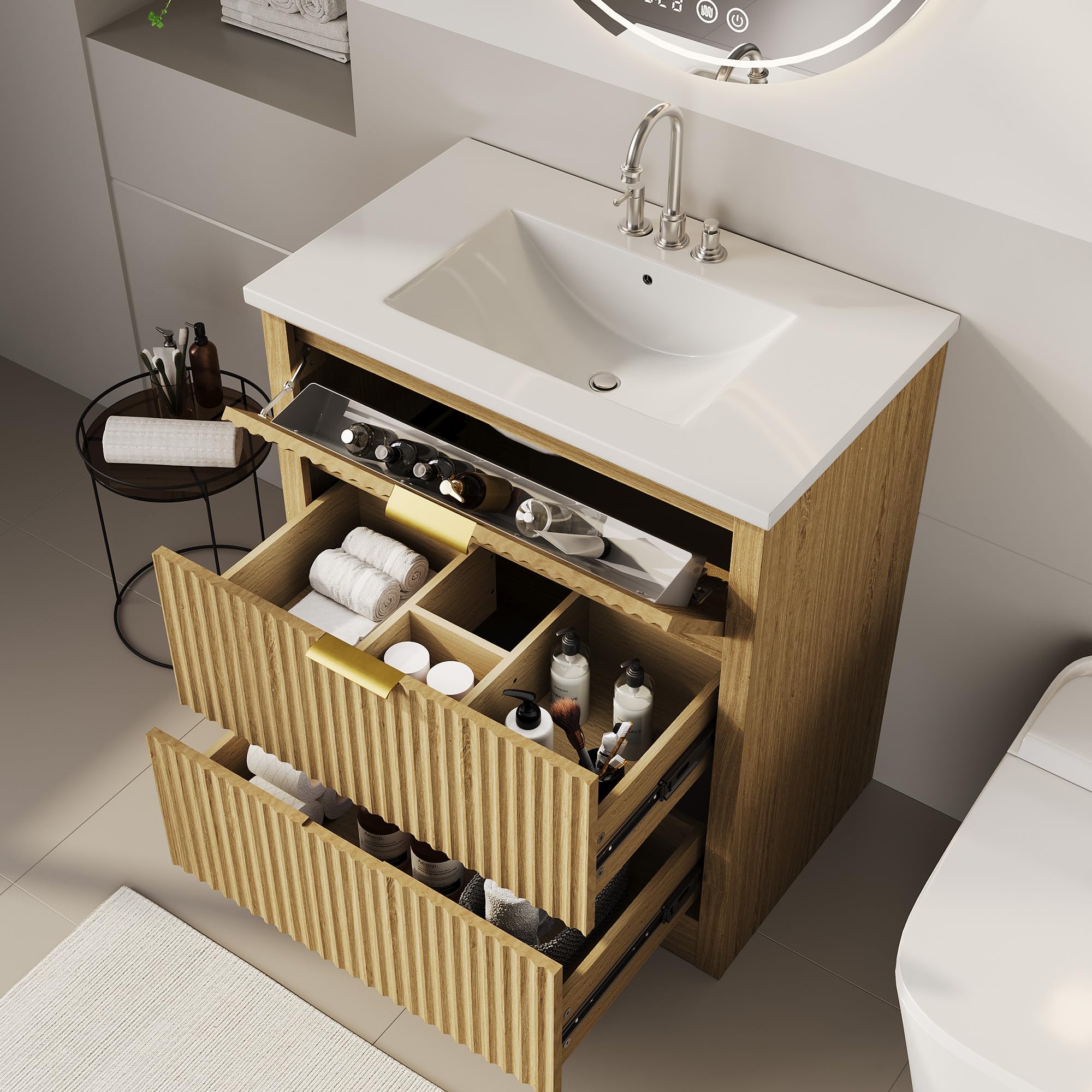 Garvee 24" Fluted Bathroom Vanity with Sink, Farmhouse Freestanding Bathroom Sink Cabinet with 2 Drawers & 1 Flip-Down Drawer, Easy Assembly & Cleaning, Natural Oak - Image 4