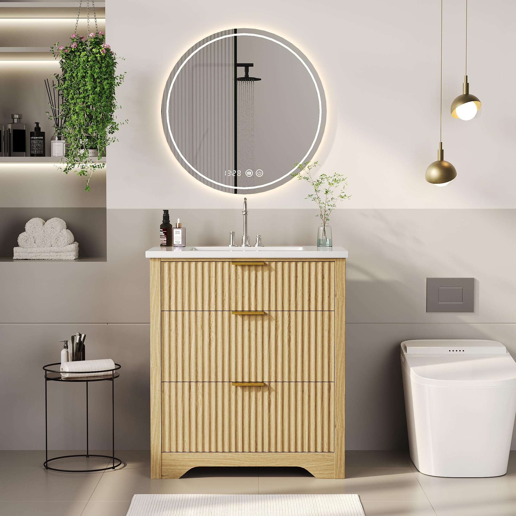 Garvee 24" Fluted Bathroom Vanity with Sink, Farmhouse Freestanding Bathroom Sink Cabinet with 2 Drawers & 1 Flip-Down Drawer, Easy Assembly & Cleaning, Natural Oak - Image 5