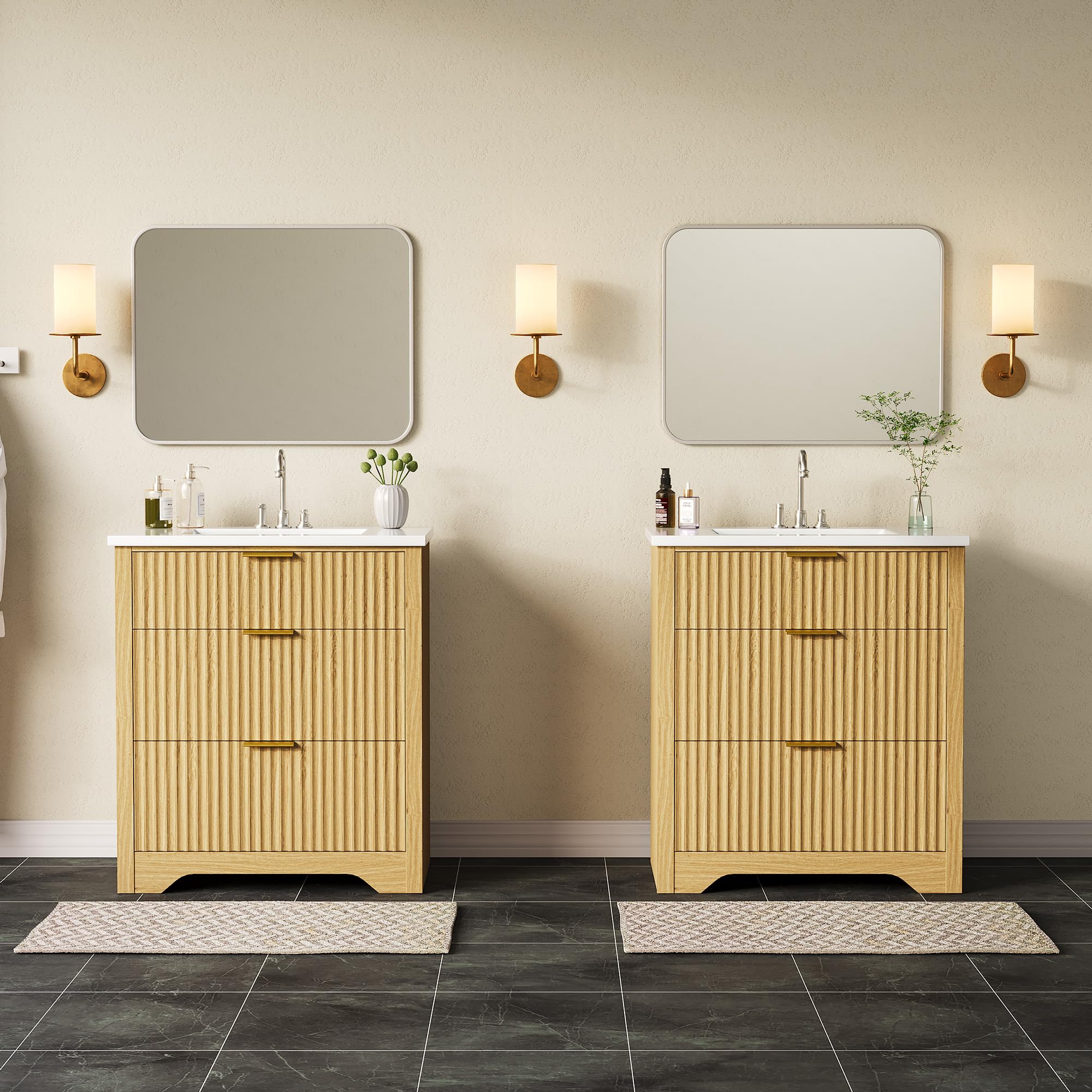 Garvee 24" Fluted Bathroom Vanity with Sink, Farmhouse Freestanding Bathroom Sink Cabinet with 2 Drawers & 1 Flip-Down Drawer, Easy Assembly & Cleaning, Natural Oak - Image 6