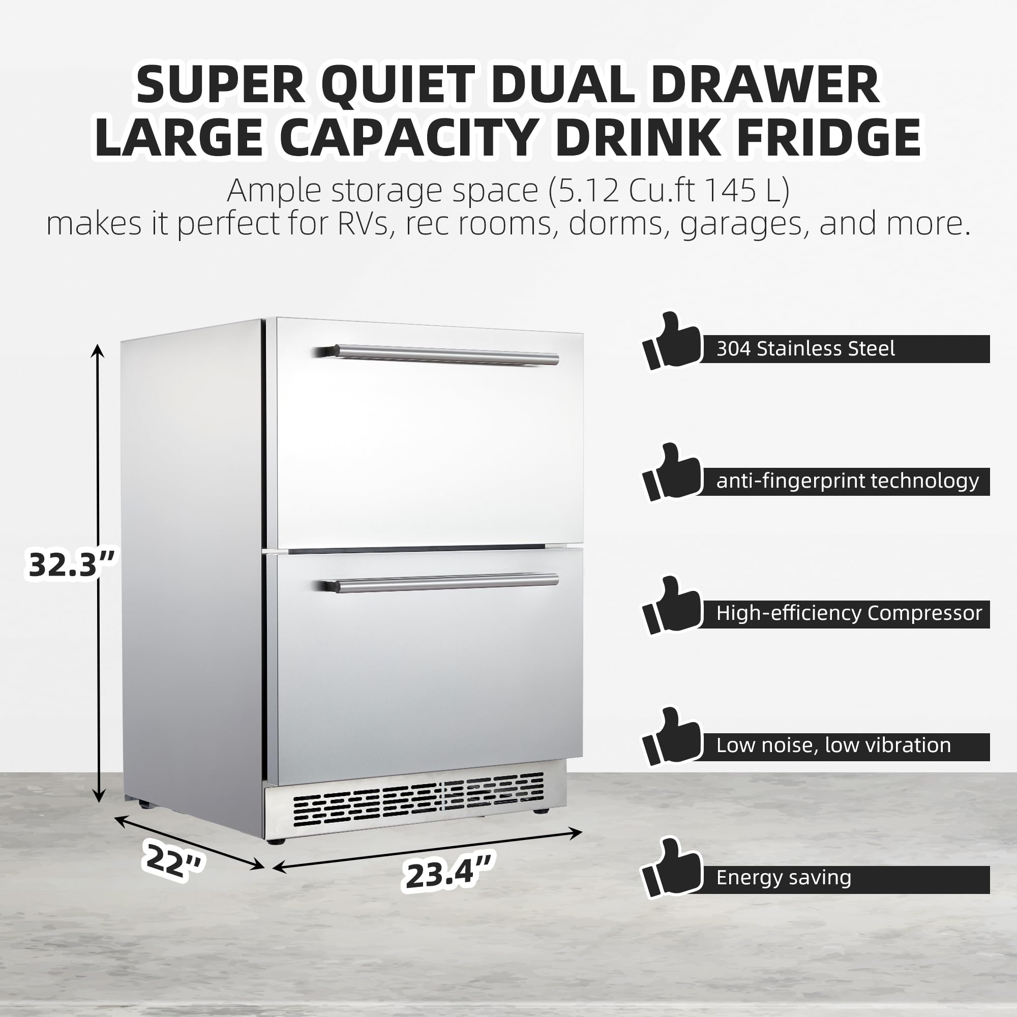 Garvee 24 in Undercounter Refrigerators with Weatherproof Full Stainless Steel Body, Built-in Beverage Refrigerator for Home and Commercial Use, Anti-fingerprint, Fast Cooling, Low Noise, 37-65 °F - Image 4