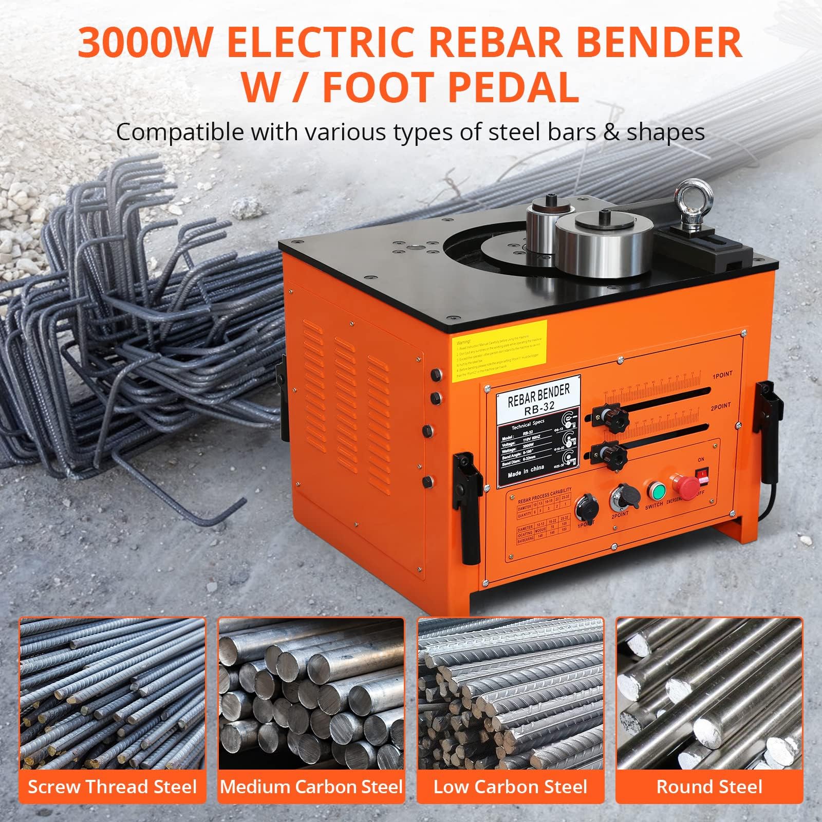 Garvee 3000W Electric Hydraulic Rebar Bender, Electric Rebar Bender up to 1.3 in, 1/4 in-1 in Rebar Bending, Angle 0-180 Degrees, for Bending Steel Rope, Convenient Foot Pedal Switch - Image 5