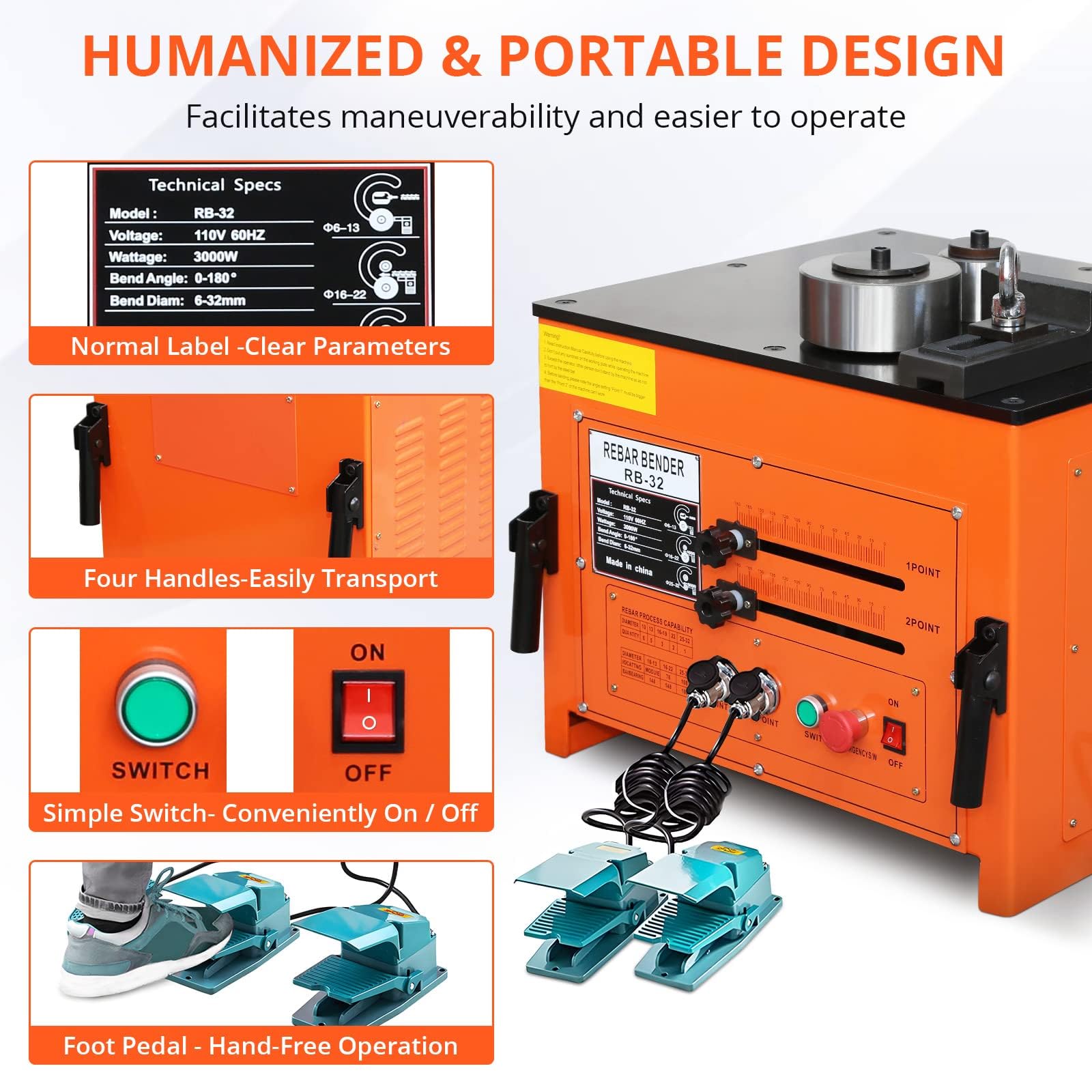 Garvee 3000W Electric Hydraulic Rebar Bender, Electric Rebar Bender up to 1.3 in, 1/4 in-1 in Rebar Bending, Angle 0-180 Degrees, for Bending Steel Rope, Convenient Foot Pedal Switch - Image 7