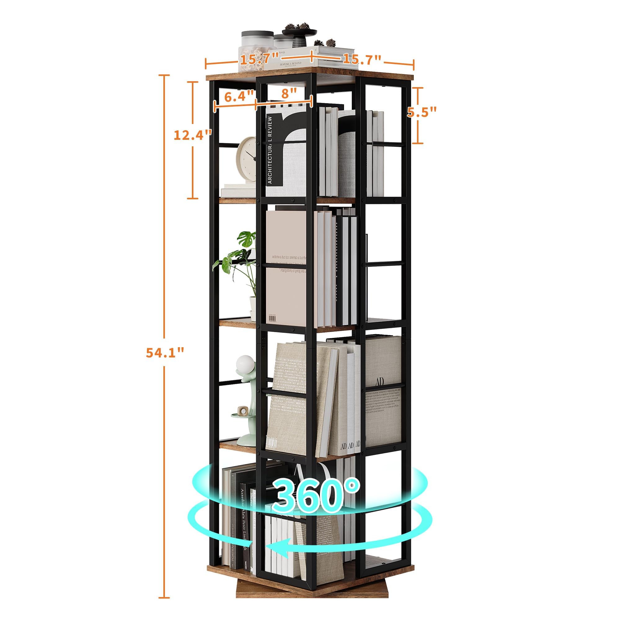 Garvee 4-Tier Rotating Bookshelf for Small Spaces, 360° Spinning Bookcase with Corner Design, Wood Revolving Storage Organizer & Display Shelf for Living Room, Bedroom, Home Office (Brown) - Image 3