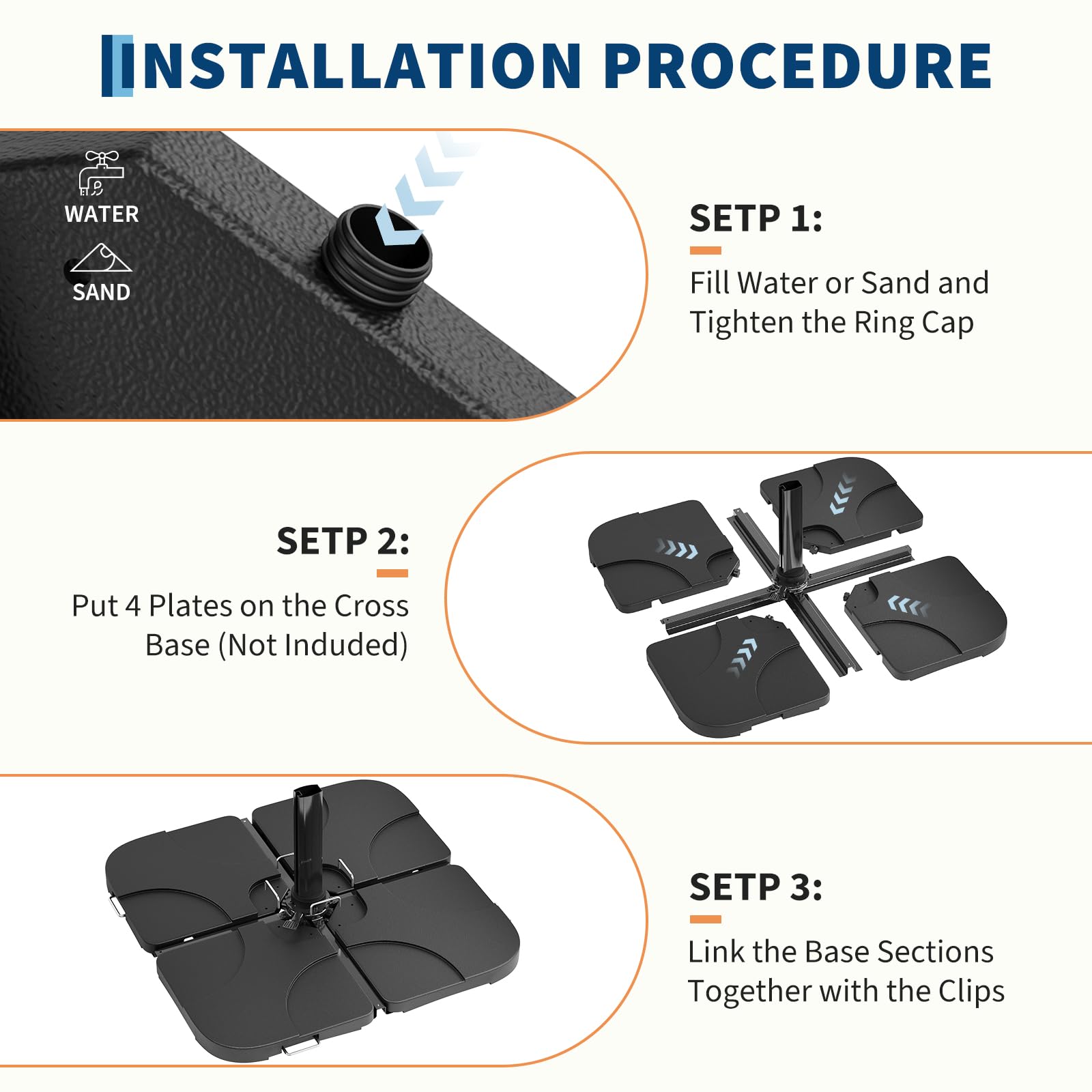 Garvee 4Pcs Patio Umbrella Base 220LB Capacity Heavy Weight Stand Umbrella Stand for 10-15FT Umbrellas, Water/Sand Filled, Clip-Locked Assembly, Umbrellas Holder for Outdoor Deck Poolside, Black - Image 6