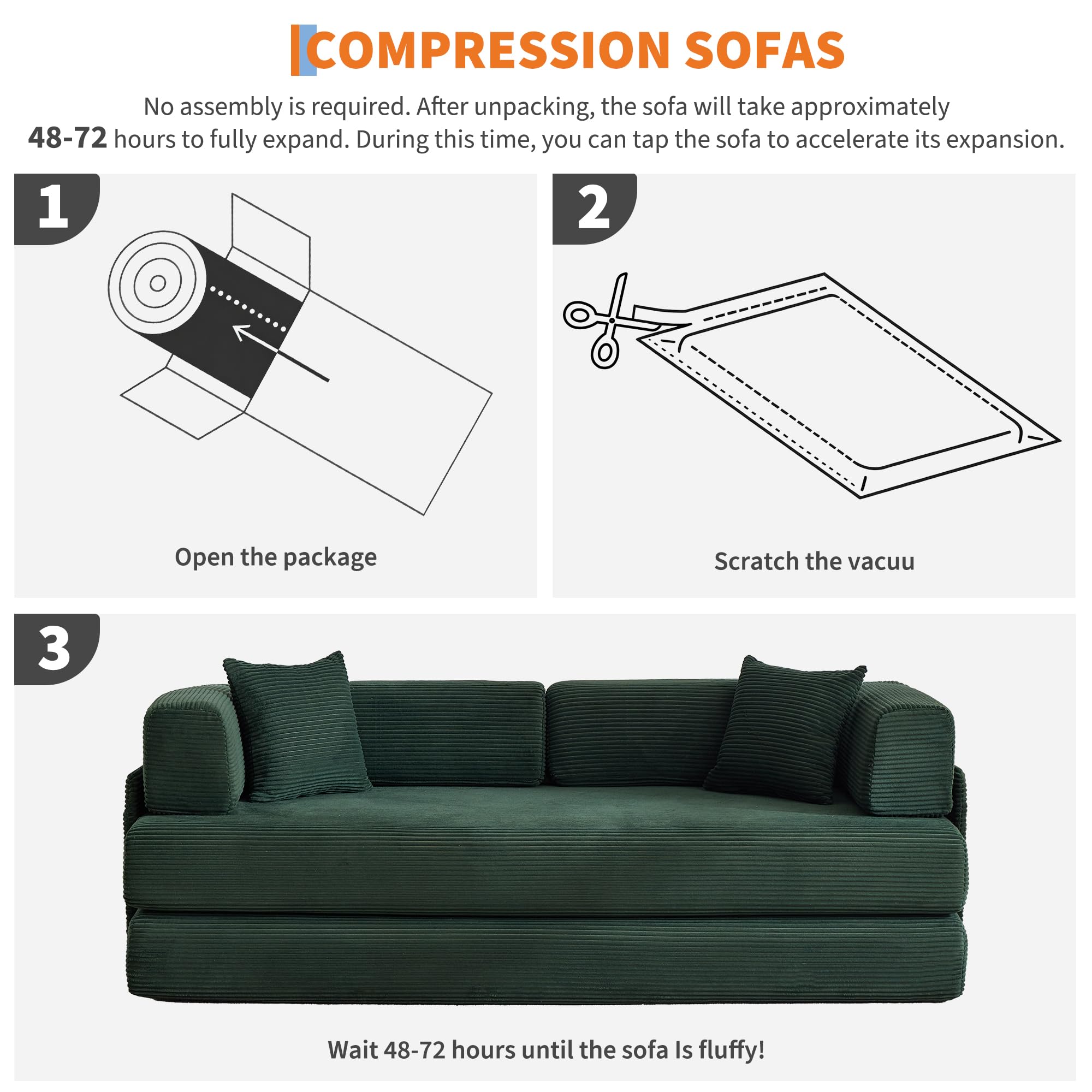 Garvee 5-in-1 Convertible Sofa Bed, 78.8" Modular Corduroy Sleeper with Sturdy Frame & No Assembly, Multi-Functional Futon for Small Space, Living Room & Guest Room (Green) (Dark Green) - Image 3