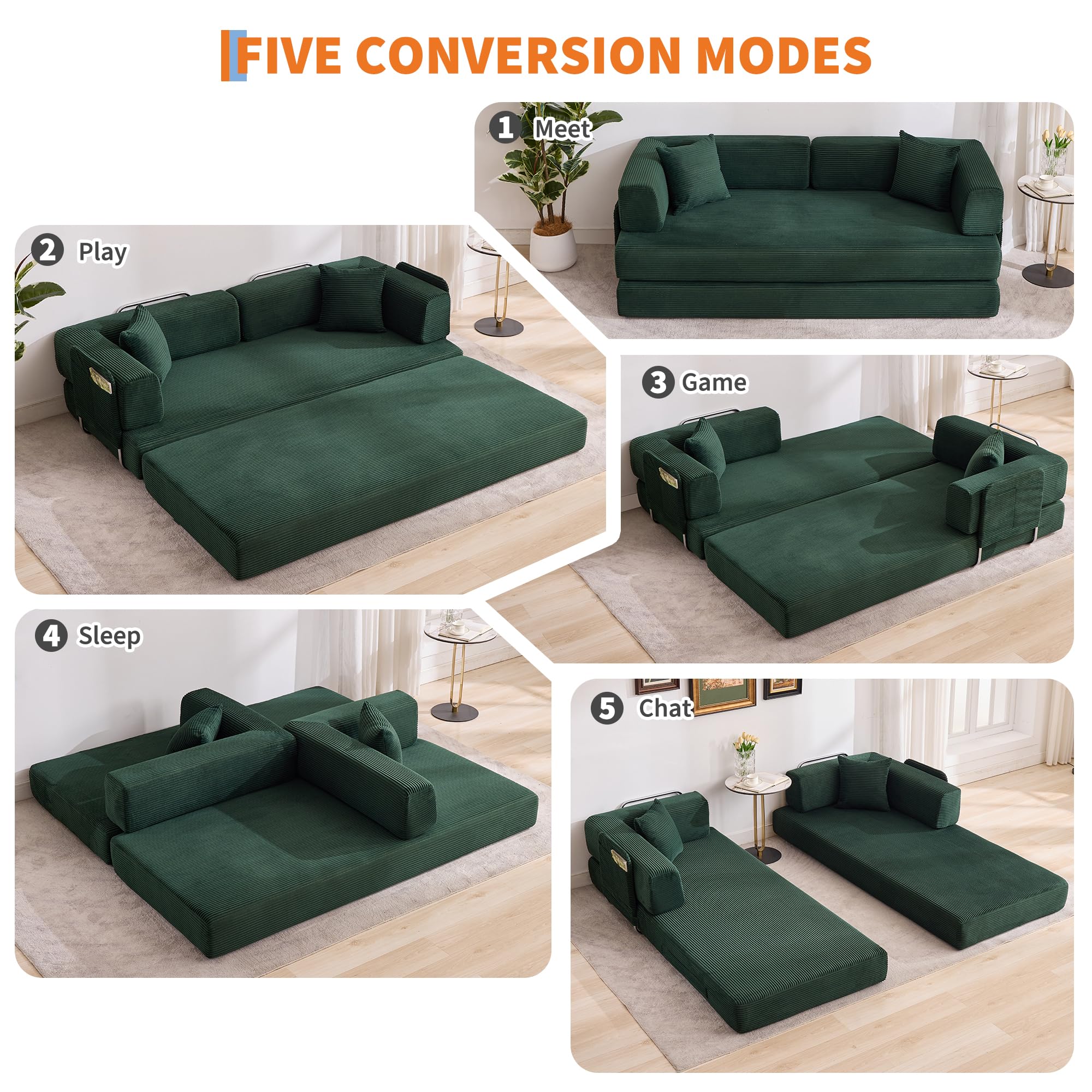 Garvee 5-in-1 Convertible Sofa Bed, 78.8" Modular Corduroy Sleeper with Sturdy Frame & No Assembly, Multi-Functional Futon for Small Space, Living Room & Guest Room (Green) (Dark Green) - Image 4