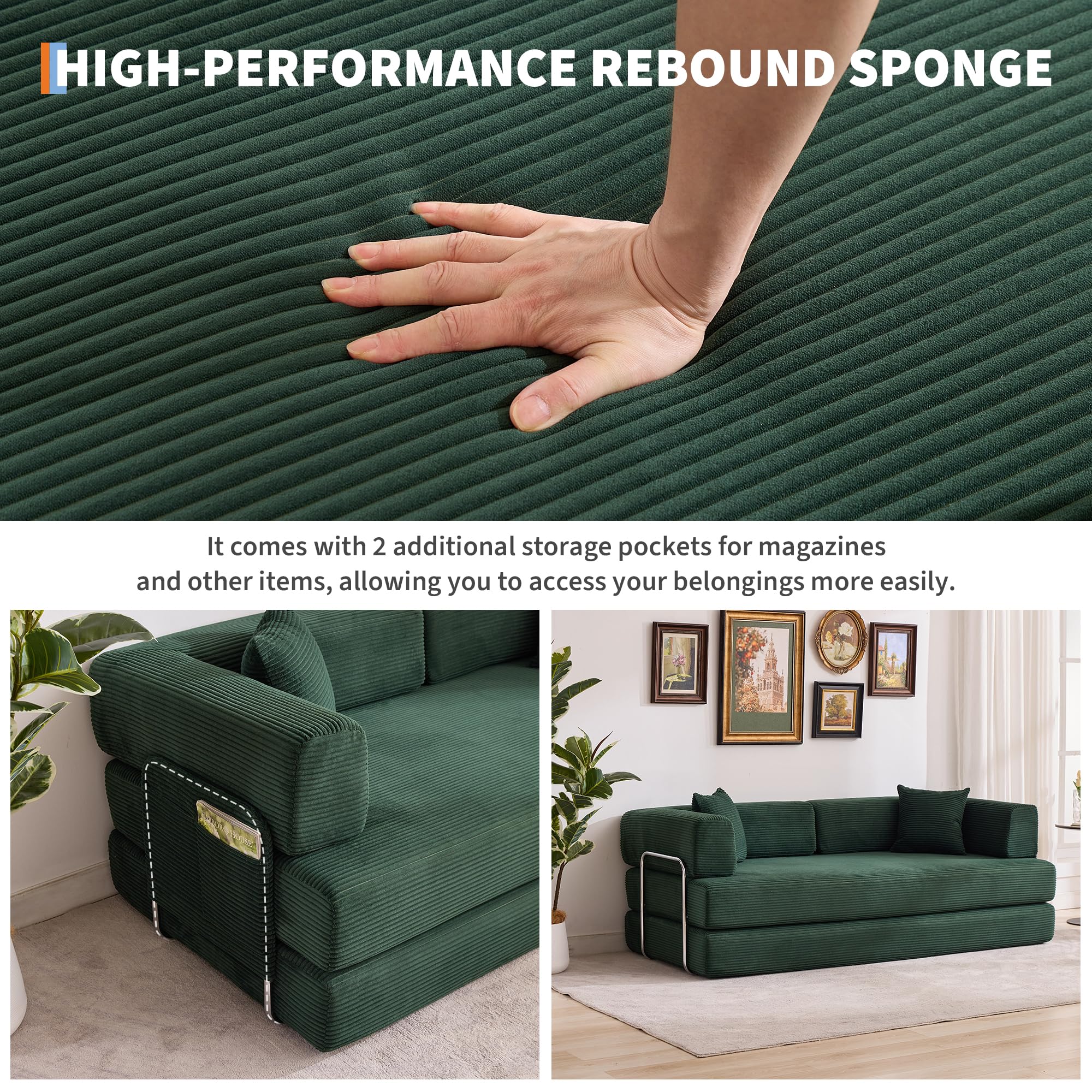 Garvee 5-in-1 Convertible Sofa Bed, 78.8" Modular Corduroy Sleeper with Sturdy Frame & No Assembly, Multi-Functional Futon for Small Space, Living Room & Guest Room (Green) (Dark Green) - Image 5