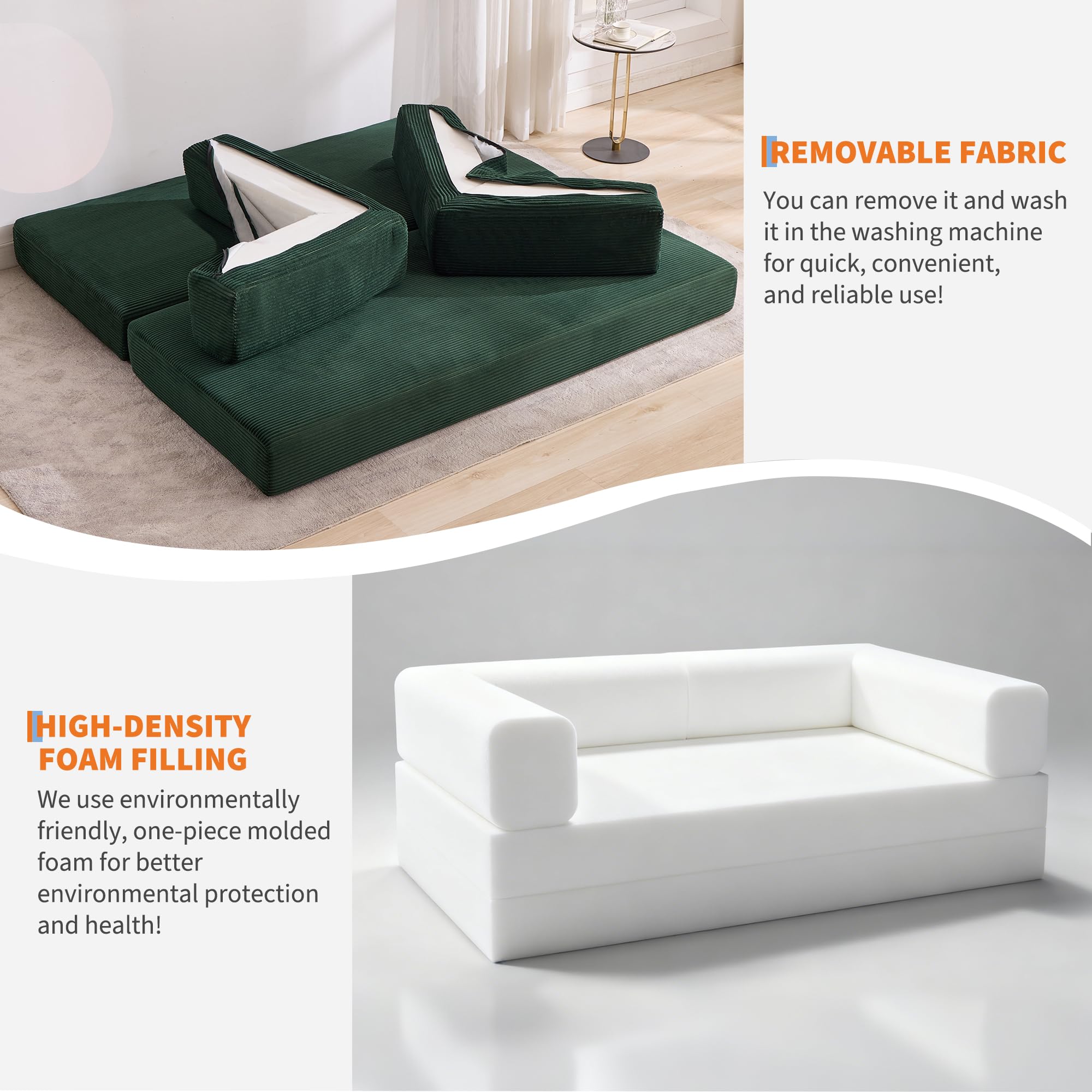 Garvee 5-in-1 Convertible Sofa Bed, 78.8" Modular Corduroy Sleeper with Sturdy Frame & No Assembly, Multi-Functional Futon for Small Space, Living Room & Guest Room (Green) (Dark Green) - Image 6