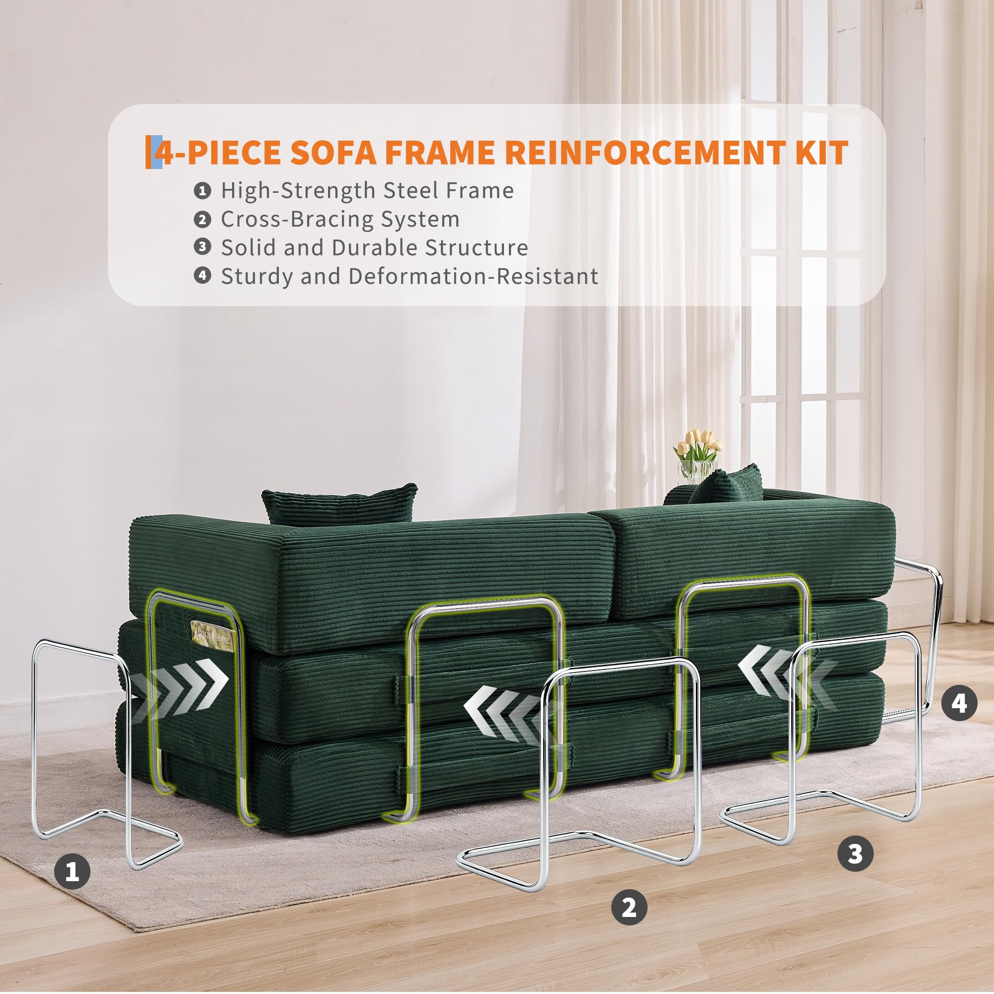 Garvee 5-in-1 Convertible Sofa Bed, 78.8" Modular Corduroy Sleeper with Sturdy Frame & No Assembly, Multi-Functional Futon for Small Space, Living Room & Guest Room (Green) (Dark Green) - Image 8