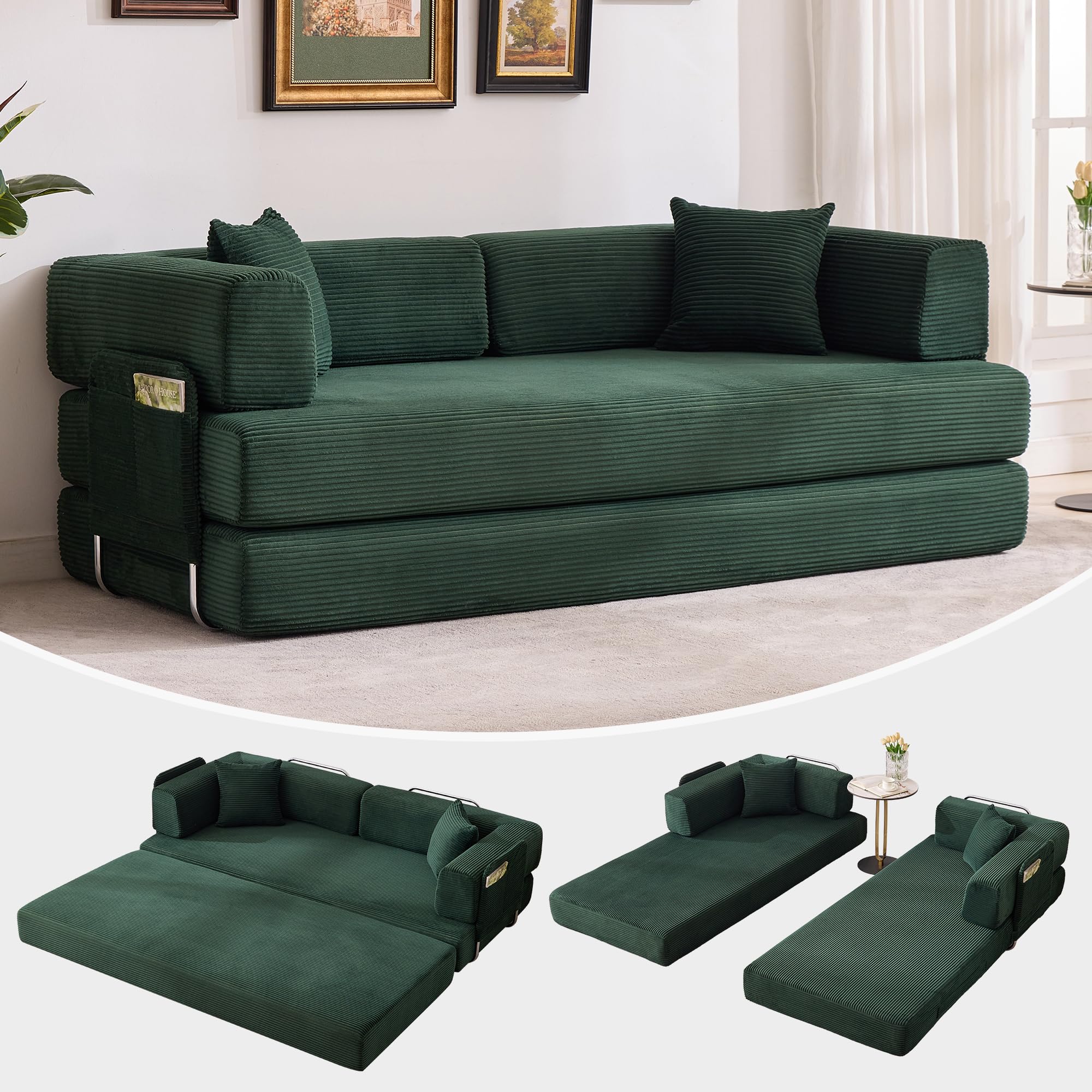 Garvee 5-in-1 Convertible Sofa Bed, 78.8" Modular Corduroy Sleeper with Sturdy Frame & No Assembly, Multi-Functional Futon for Small Space, Living Room & Guest Room (Green) (Dark Green) - Image 9