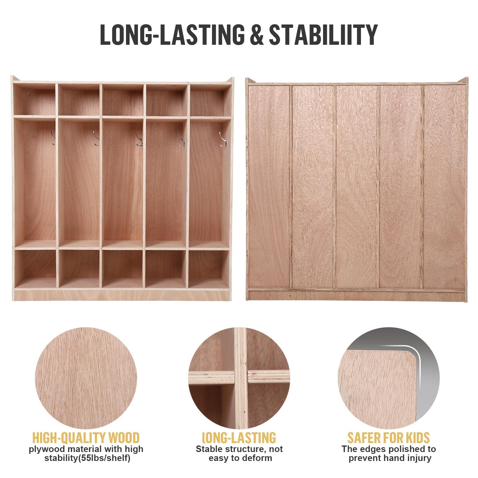 Garvee 5-Section Classroom Coat Locker, 10 Cubbies w/Anti-tip Kit for Classrooms, Daycare Cubby with 4 Casters, 5 Hooks & 2 Storage Boxes, for Home, School, Kindergarten - Image 4