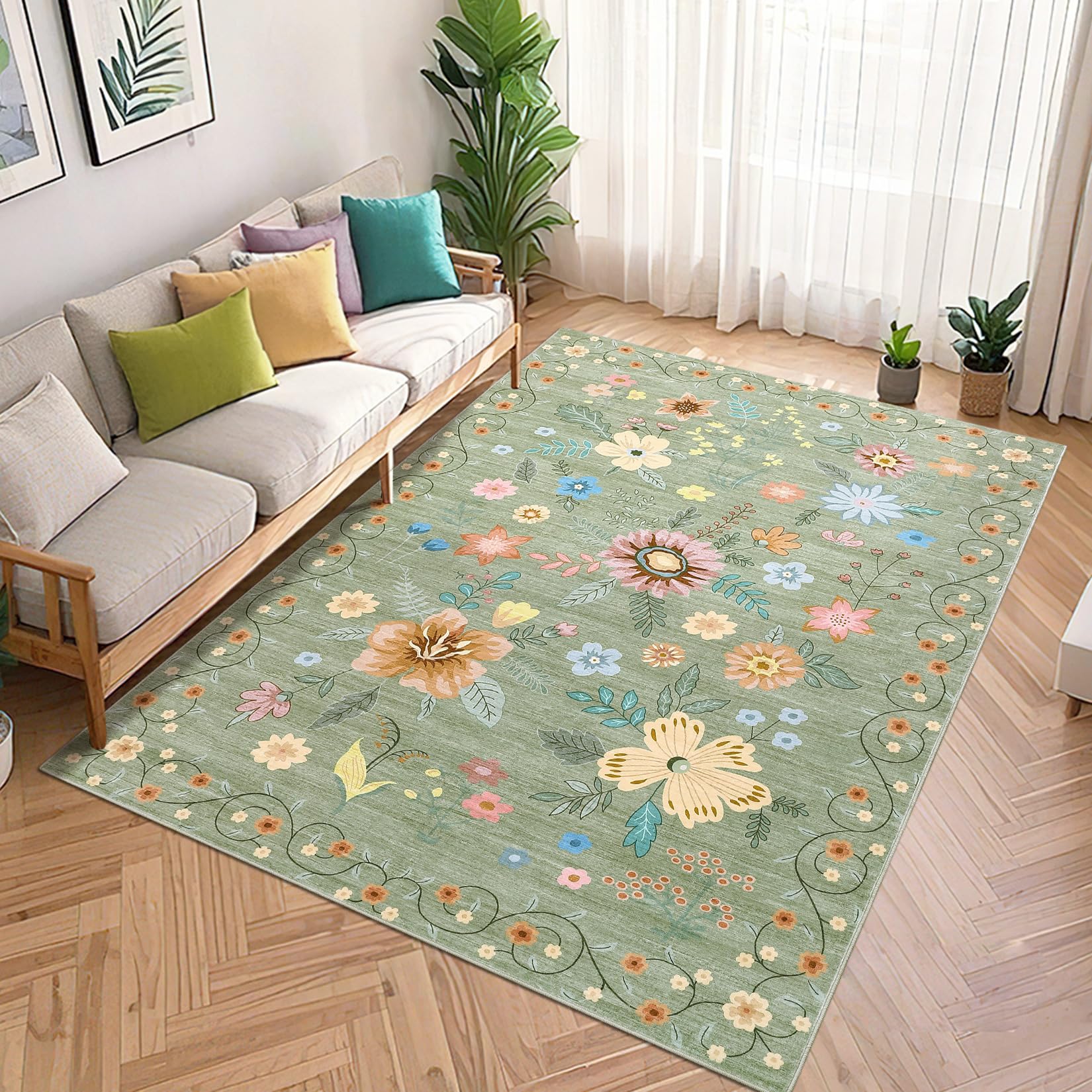 Garvee 5'x7' Washable Rug, Floral Vintage Area Rug for Bedroom, Foldable Non-Slip Small Rug for Dorm, Study Room, Nursery, Botanical Home Decor, Soft Underfoot, Sage Green - Image 3