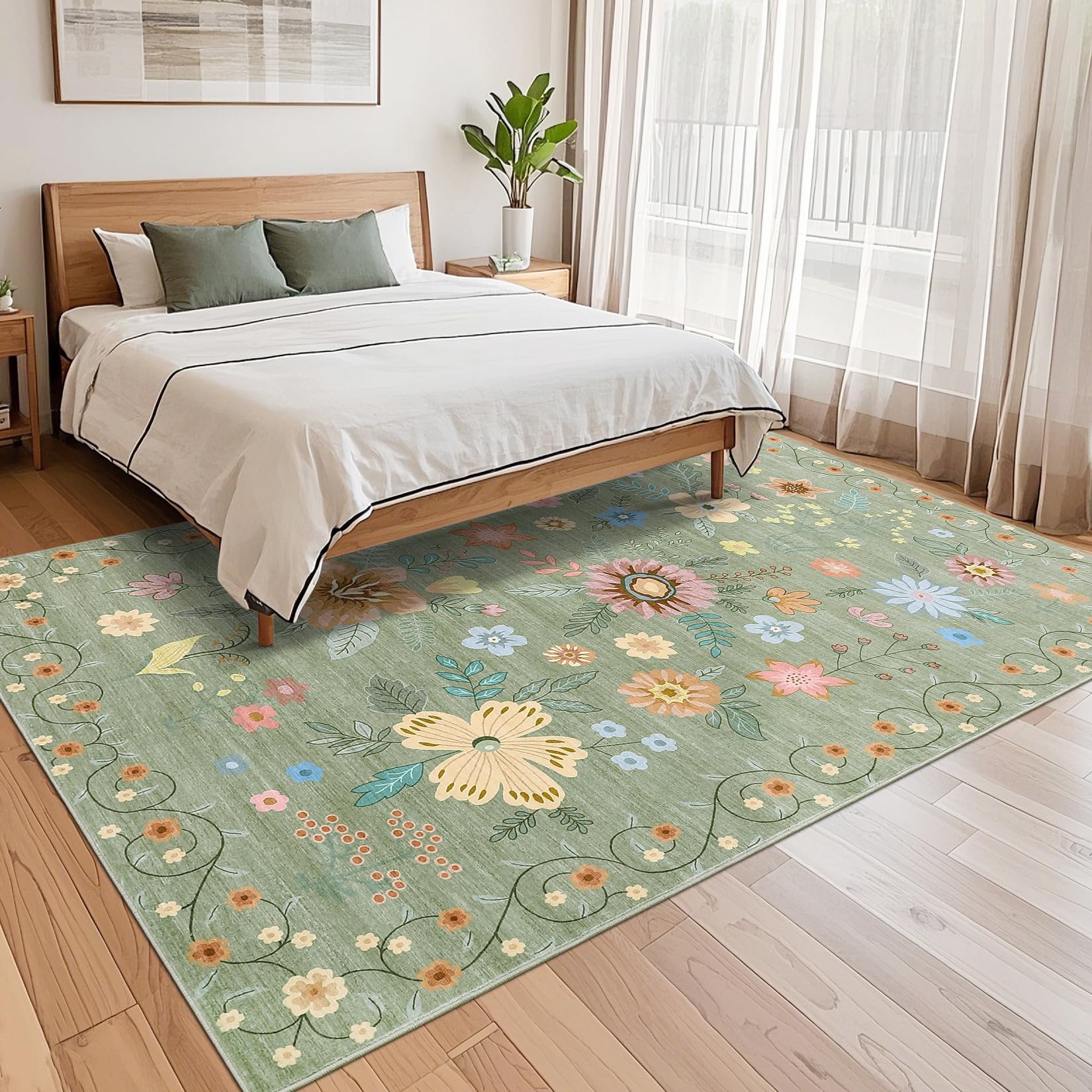 Garvee 5'x7' Washable Rug, Floral Vintage Area Rug for Bedroom, Foldable Non-Slip Small Rug for Dorm, Study Room, Nursery, Botanical Home Decor, Soft Underfoot, Sage Green - Image 4