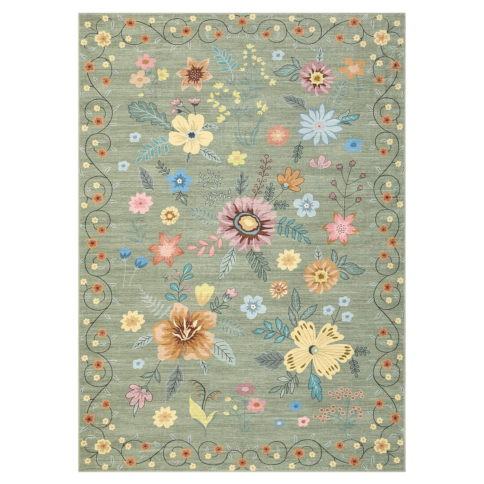 Garvee 5'x7' Washable Rug, Floral Vintage Area Rug for Bedroom, Foldable Non-Slip Small Rug for Dorm, Study Room, Nursery, Botanical Home Decor, Soft Underfoot, Sage Green - Image 6