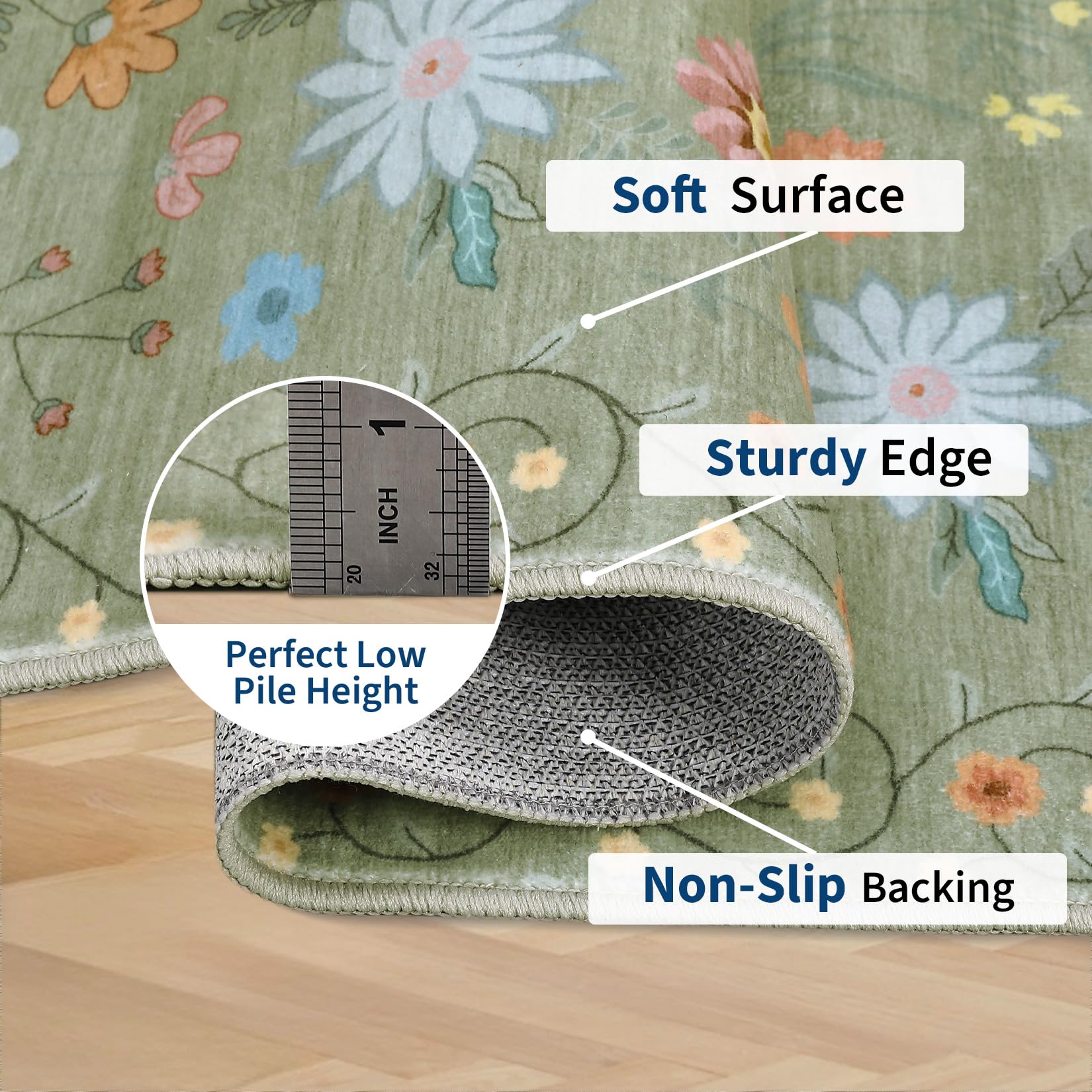 Garvee 5'x7' Washable Rug, Floral Vintage Area Rug for Bedroom, Foldable Non-Slip Small Rug for Dorm, Study Room, Nursery, Botanical Home Decor, Soft Underfoot, Sage Green - Image 7