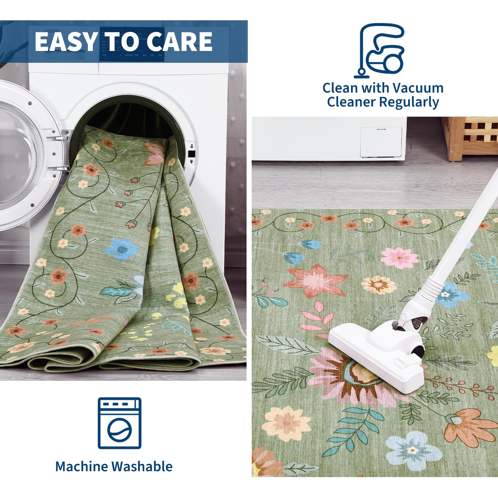 Garvee 5'x7' Washable Rug, Floral Vintage Area Rug for Bedroom, Foldable Non-Slip Small Rug for Dorm, Study Room, Nursery, Botanical Home Decor, Soft Underfoot, Sage Green - Image 8